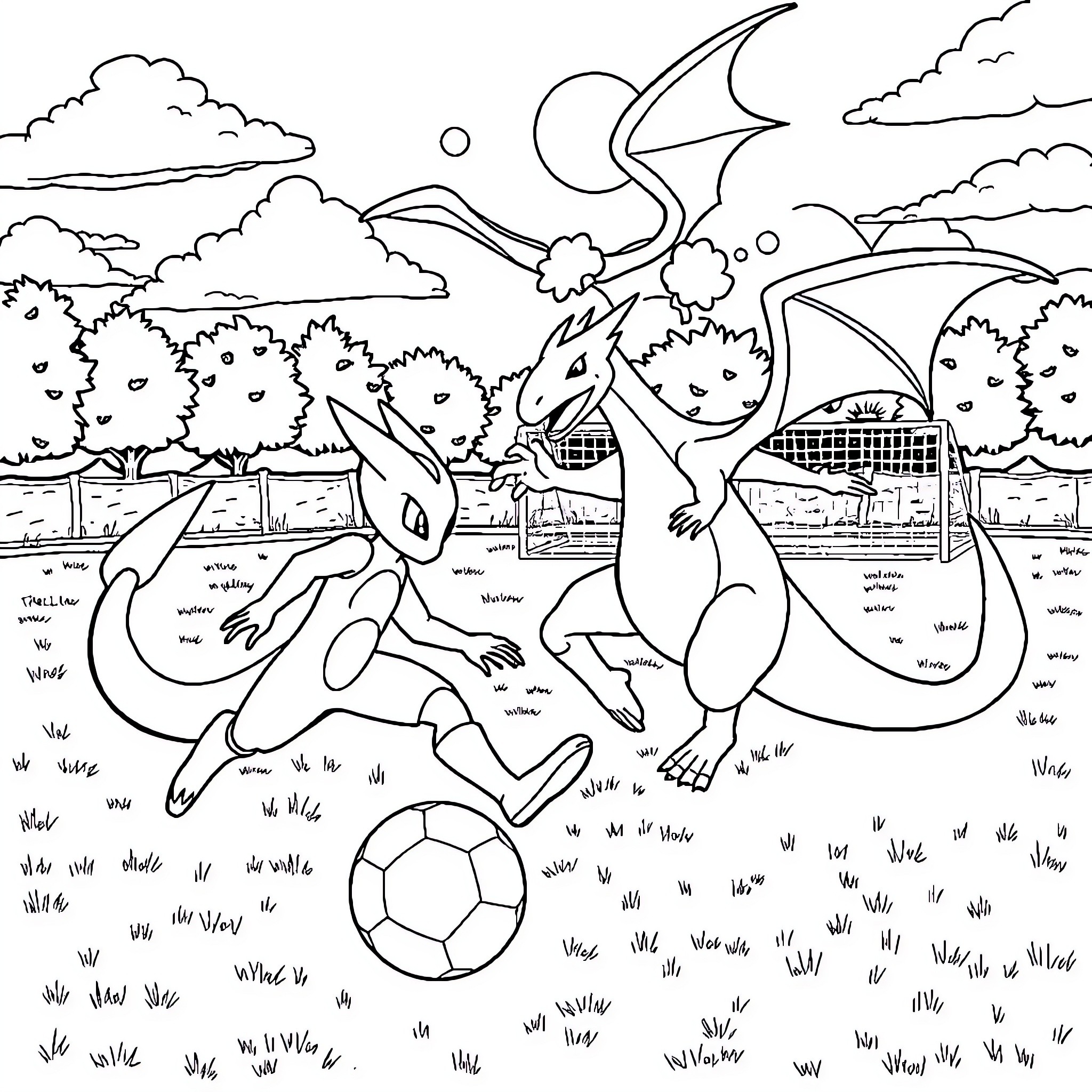 Mewtwo playing soccer in a fantastical landscape Coloring Page (free black-and-white line drawing printable PDF for all, from beginners to advanced learners, including children, teens, adults, and seniors)