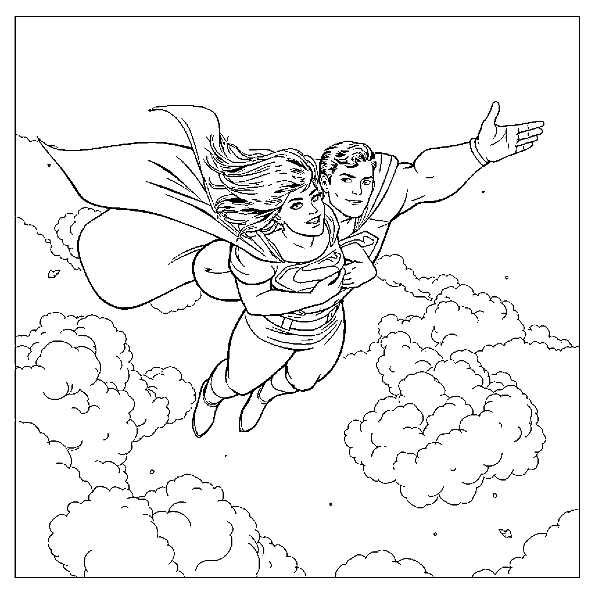 Superman and female hero soar through the clouds Coloring Page (free black-and-white line drawing printable PDF for all, from beginners to advanced learners, including children, teens, adults, and seniors)