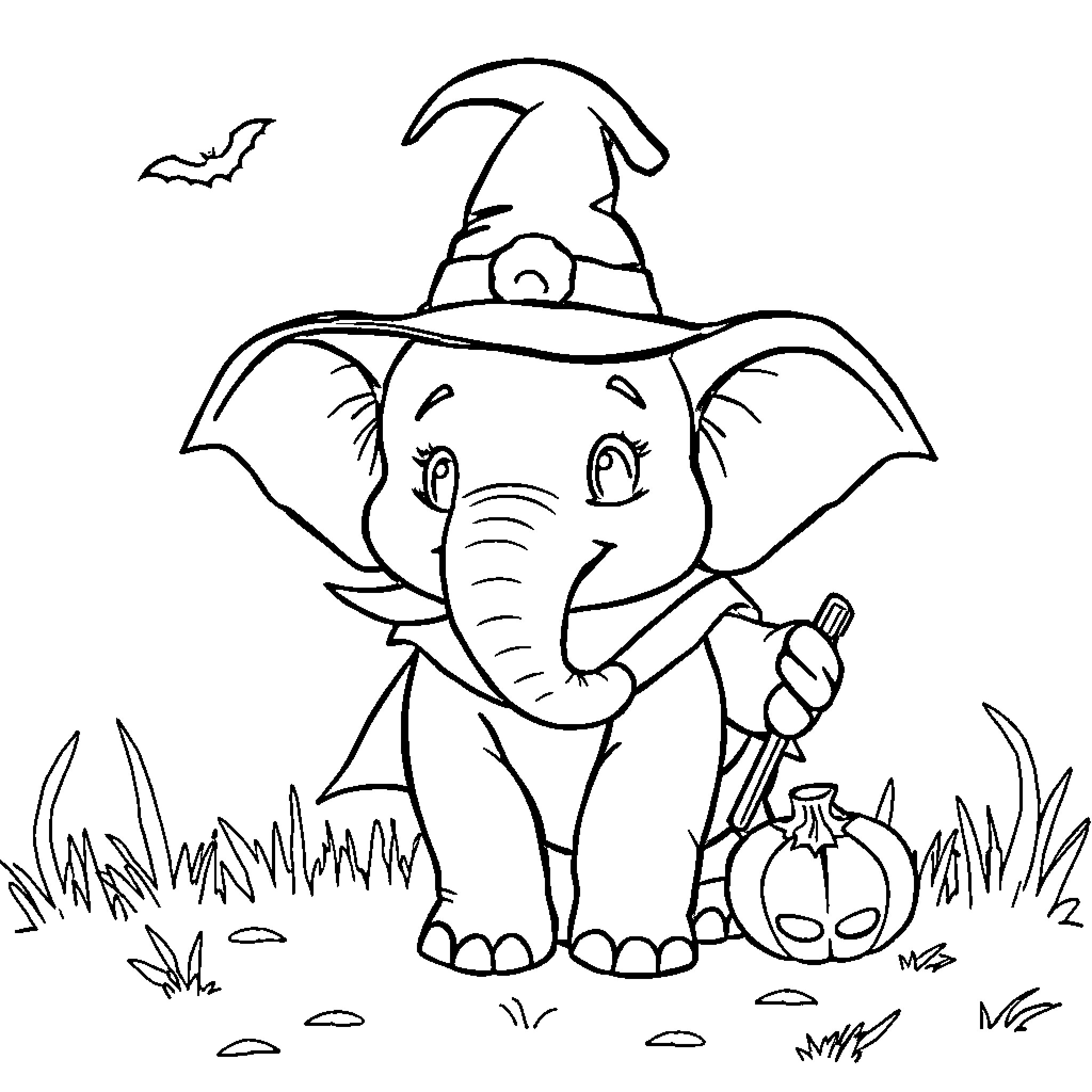 Elephant in Halloween Costume with Pumpkin Coloring Page (free black-and-white line drawing printable PDF for all, from beginners to advanced learners, including children, teens, adults, and seniors)