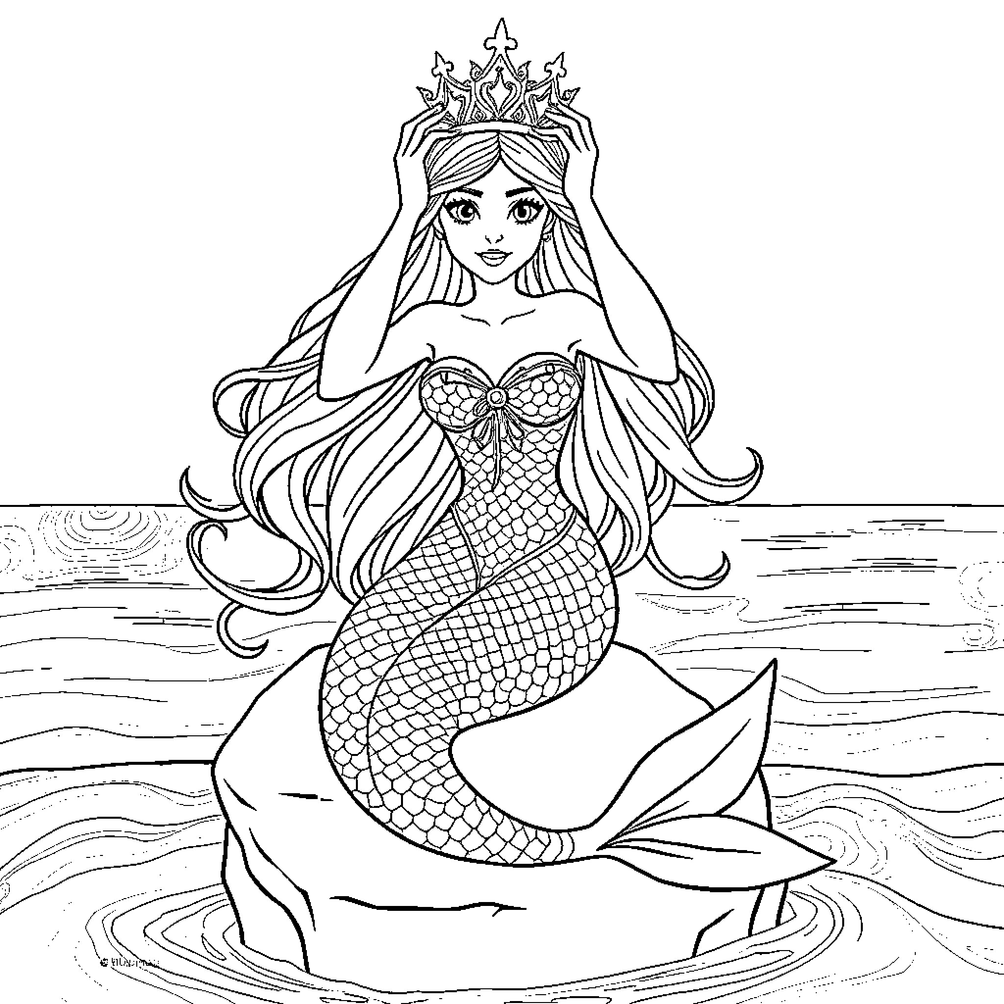 Mermaid princess with crown sitting in the ocean Coloring Page (free black-and-white line drawing printable PDF for all, from beginners to advanced learners, including children, teens, adults, and seniors)