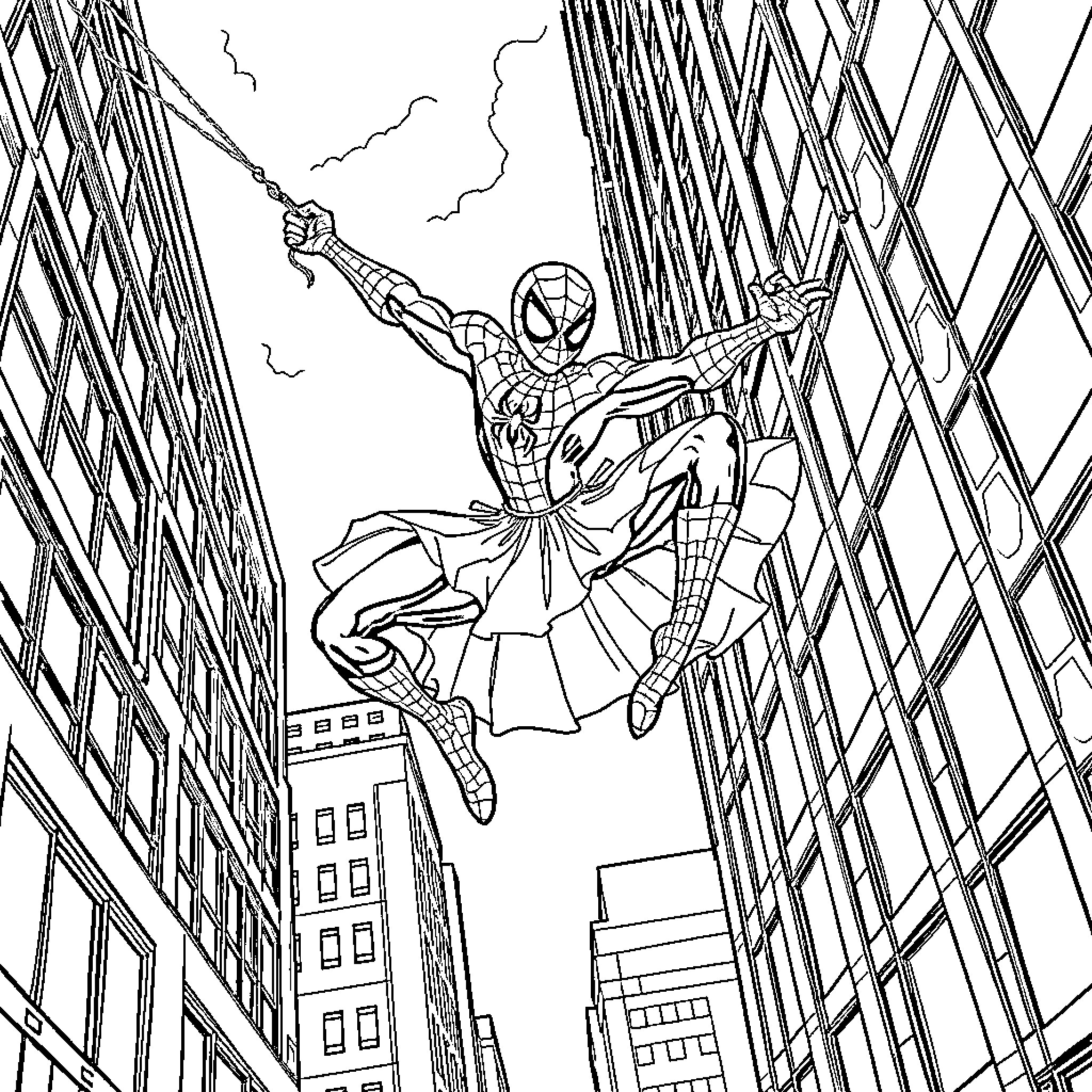 Spiderman swinging through the city skyscrapers Coloring Page (free black-and-white line drawing printable PDF for all, from beginners to advanced learners, including children, teens, adults, and seniors)