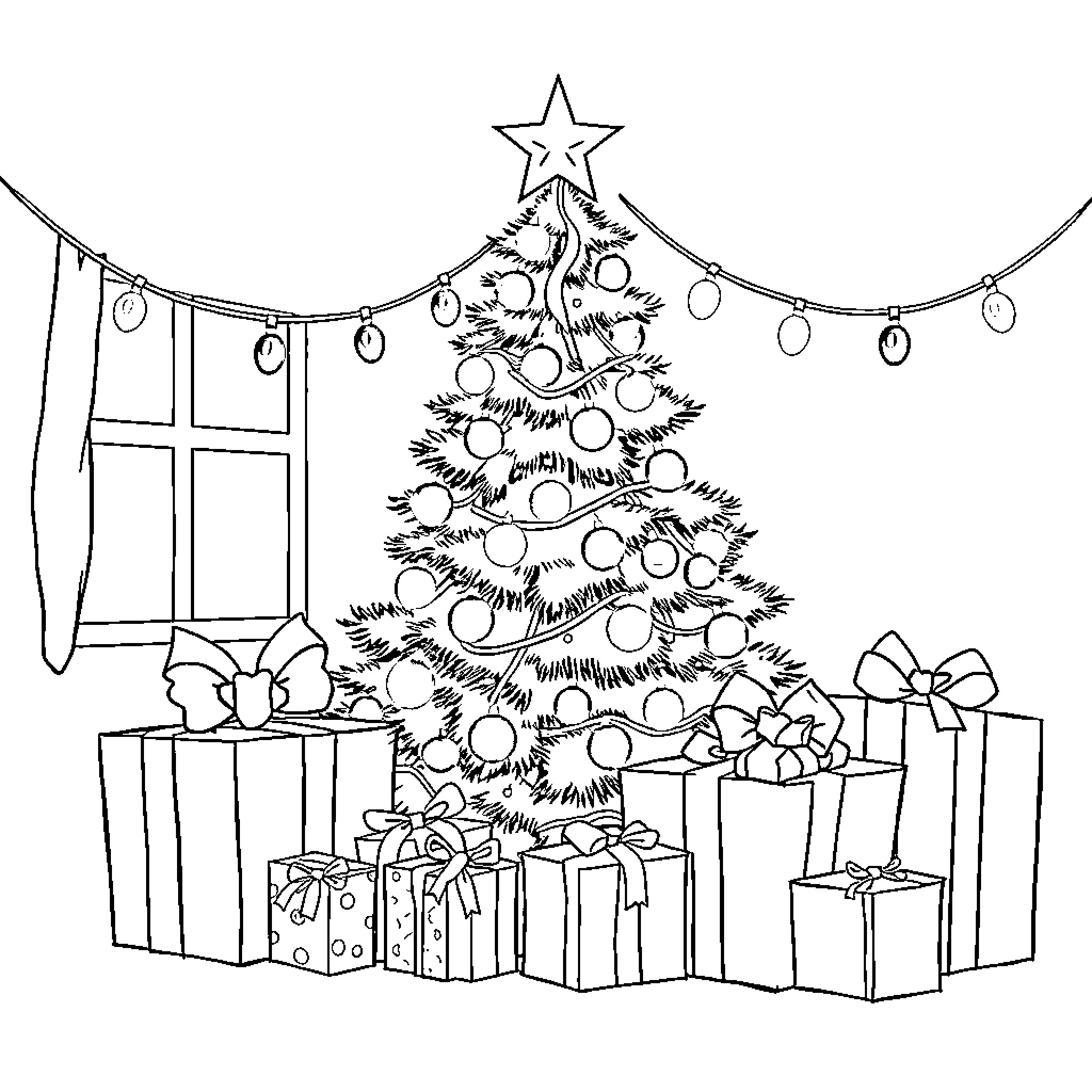 Christmas scene with decorated tree and presents Coloring Page (free black-and-white line drawing printable PDF for all, from beginners to advanced learners, including children, teens, adults, and seniors)