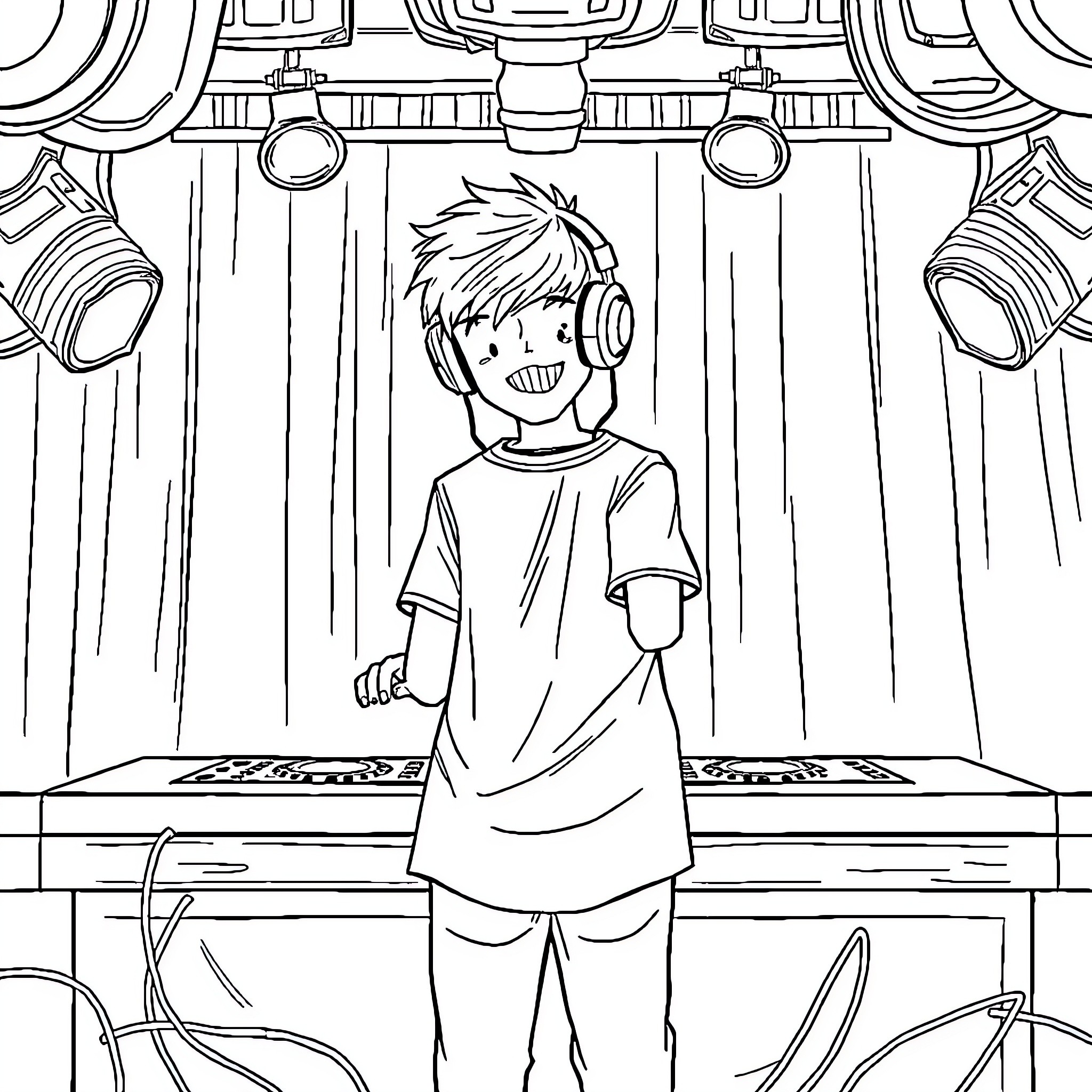 DJ performing enthusiastically on stage Coloring Page (free black-and-white line drawing printable PDF for all, from beginners to advanced learners, including children, teens, adults, and seniors)