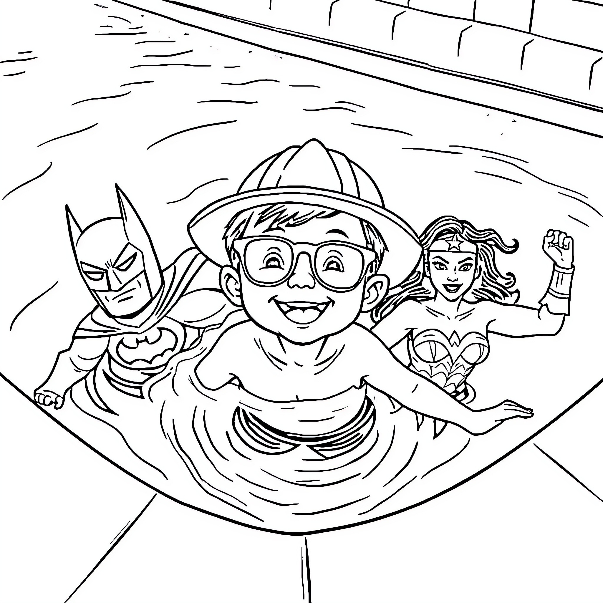 Boy plays with superhero friends in action-packed scene Coloring Page (free black-and-white line drawing printable PDF for all, from beginners to advanced learners, including children, teens, adults, and seniors)