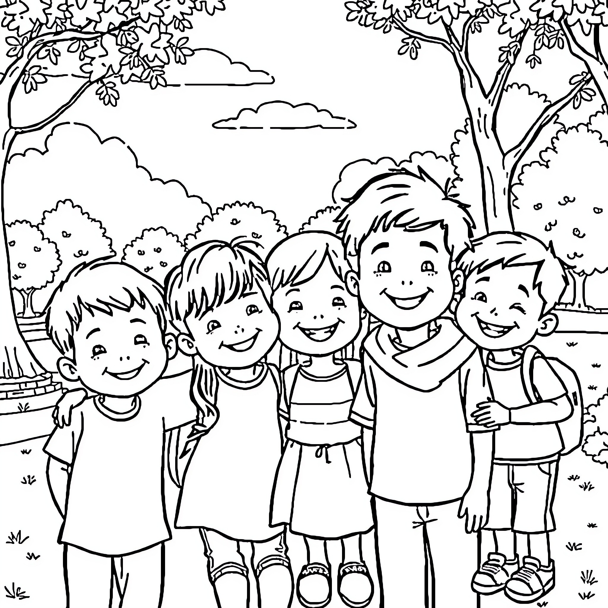 Kids happily exploring nature together Coloring Page (free black-and-white line drawing printable PDF for all, from beginners to advanced learners, including children, teens, adults, and seniors)