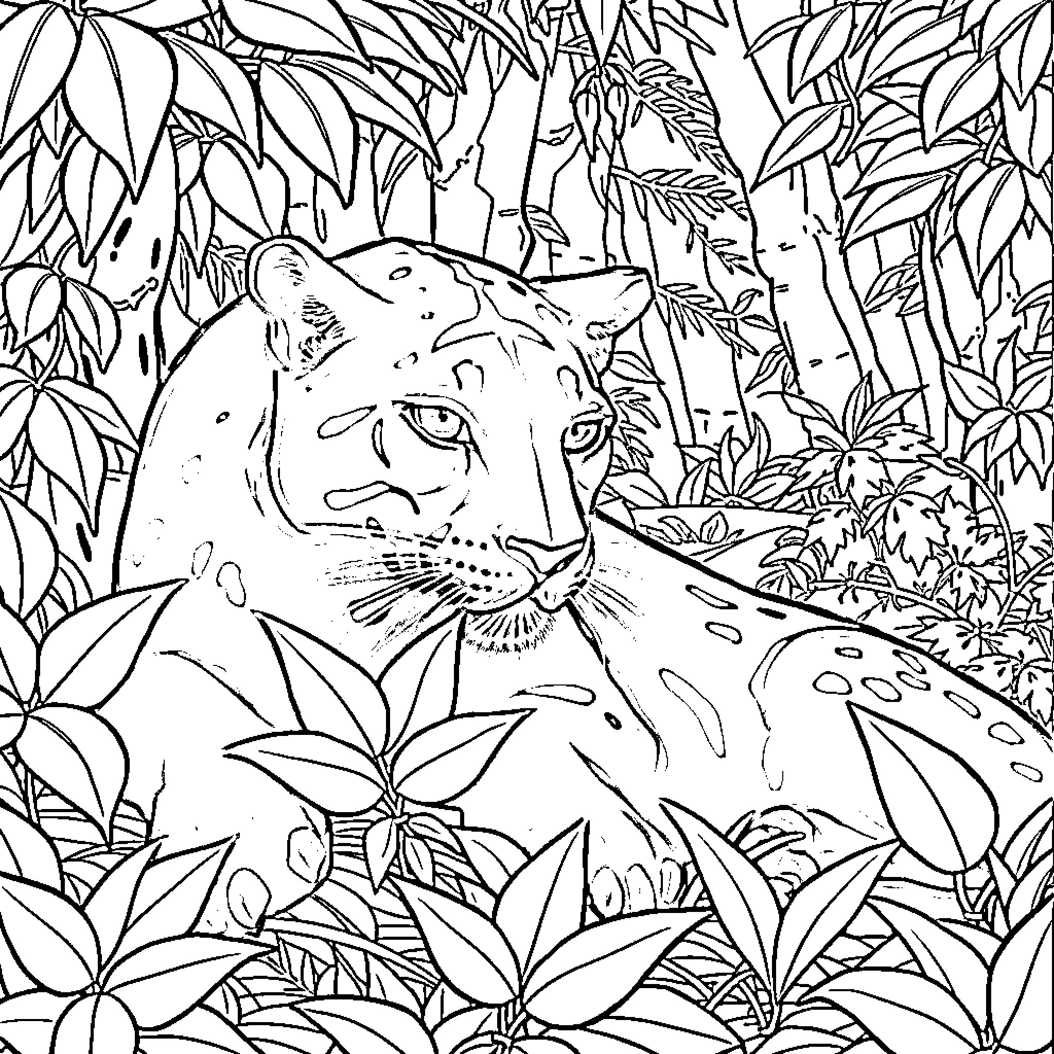 Panther prowling through lush jungle foliage Coloring Page (free black-and-white line drawing printable PDF for all, from beginners to advanced learners, including children, teens, adults, and seniors)
