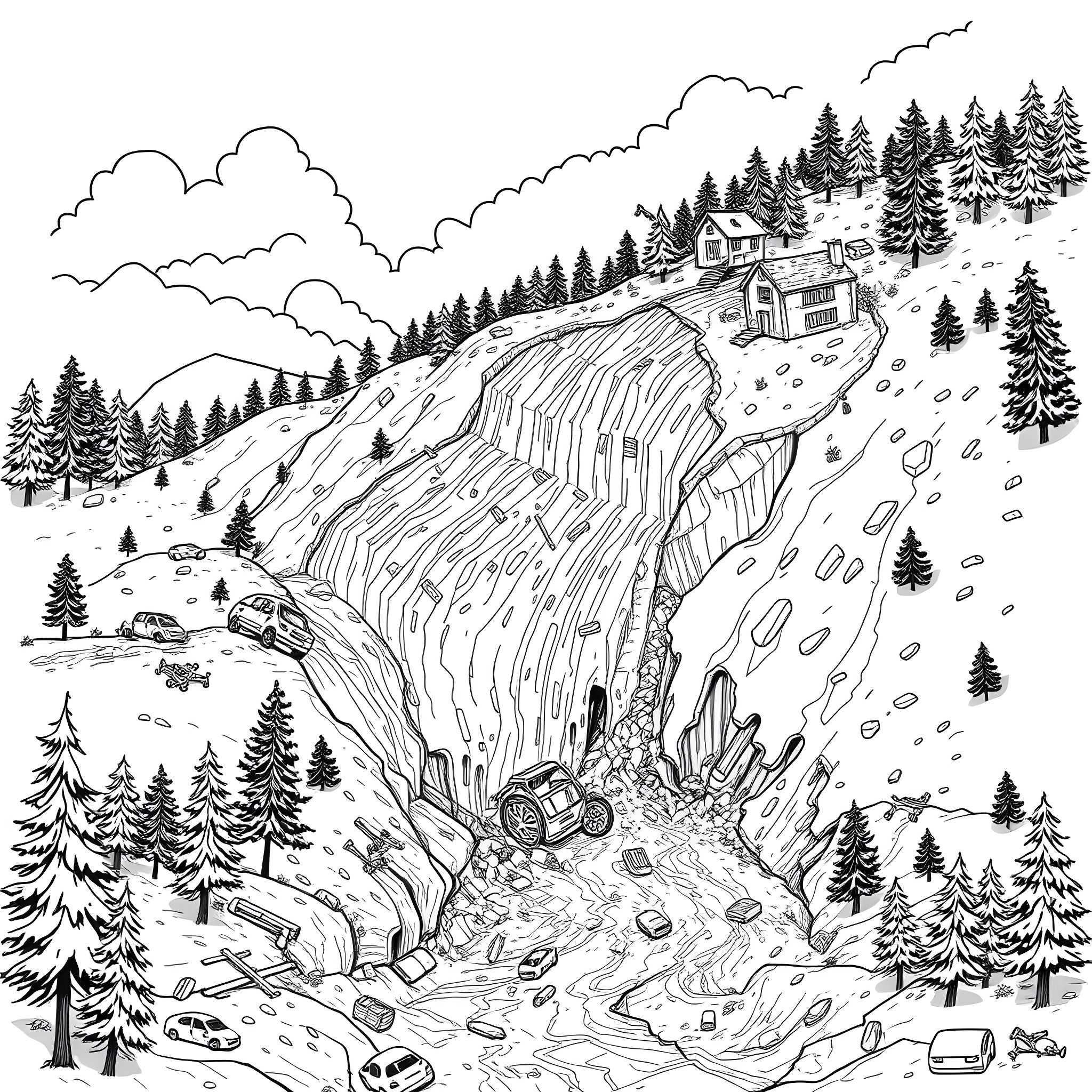 Earth's Wintry Landscape with Snowy Hills and Vehicles Coloring Page (free black-and-white line drawing printable PDF for all, from beginners to advanced learners, including children, teens, adults, and seniors)