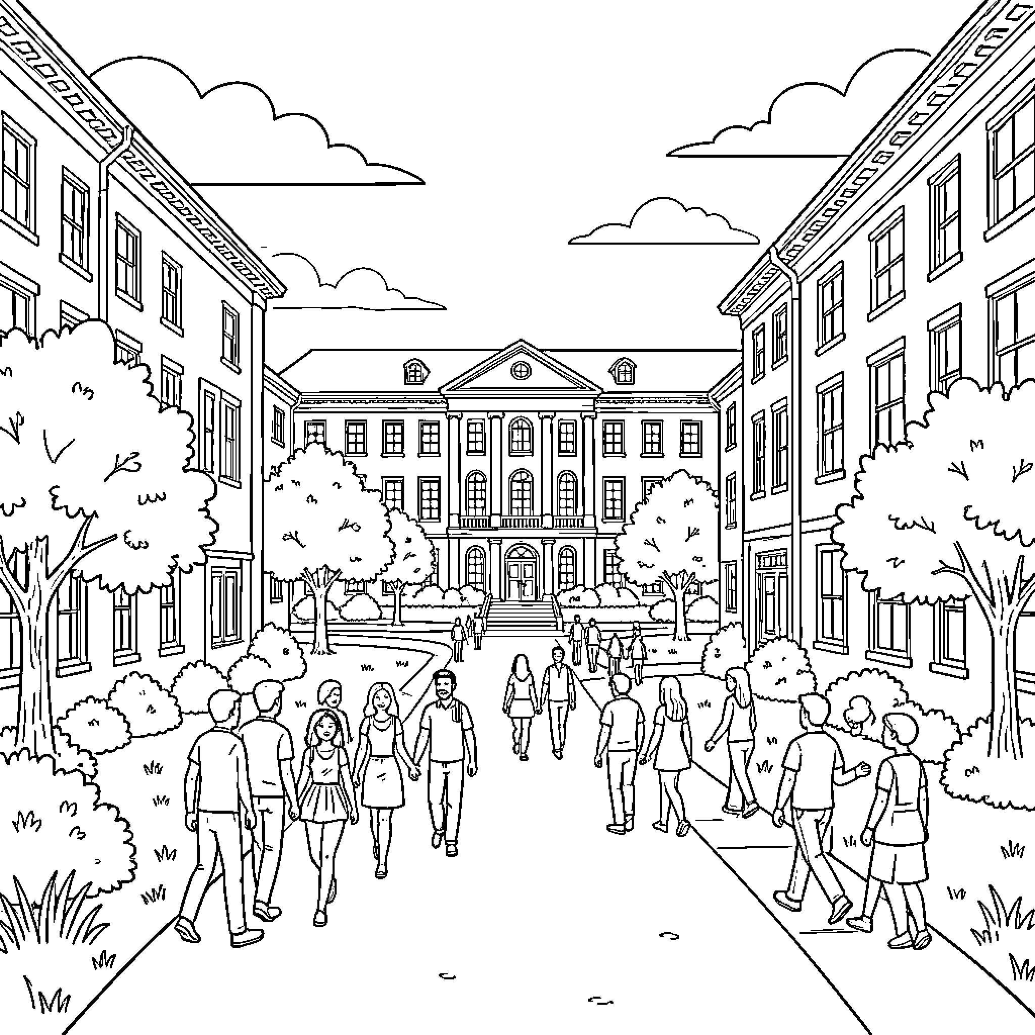 Virginia Peninsula Community College students walking through campus Coloring Page (free black-and-white line drawing printable PDF for all, from beginners to advanced learners, including children, teens, adults, and seniors)
