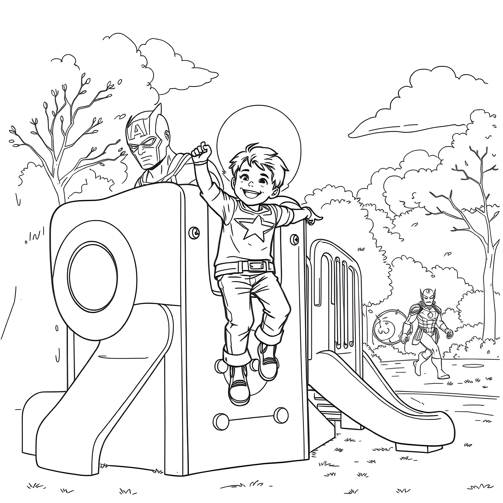 Boy playing happily on the slide in the park Coloring Page (free black-and-white line drawing printable PDF for all, from beginners to advanced learners, including children, teens, adults, and seniors)