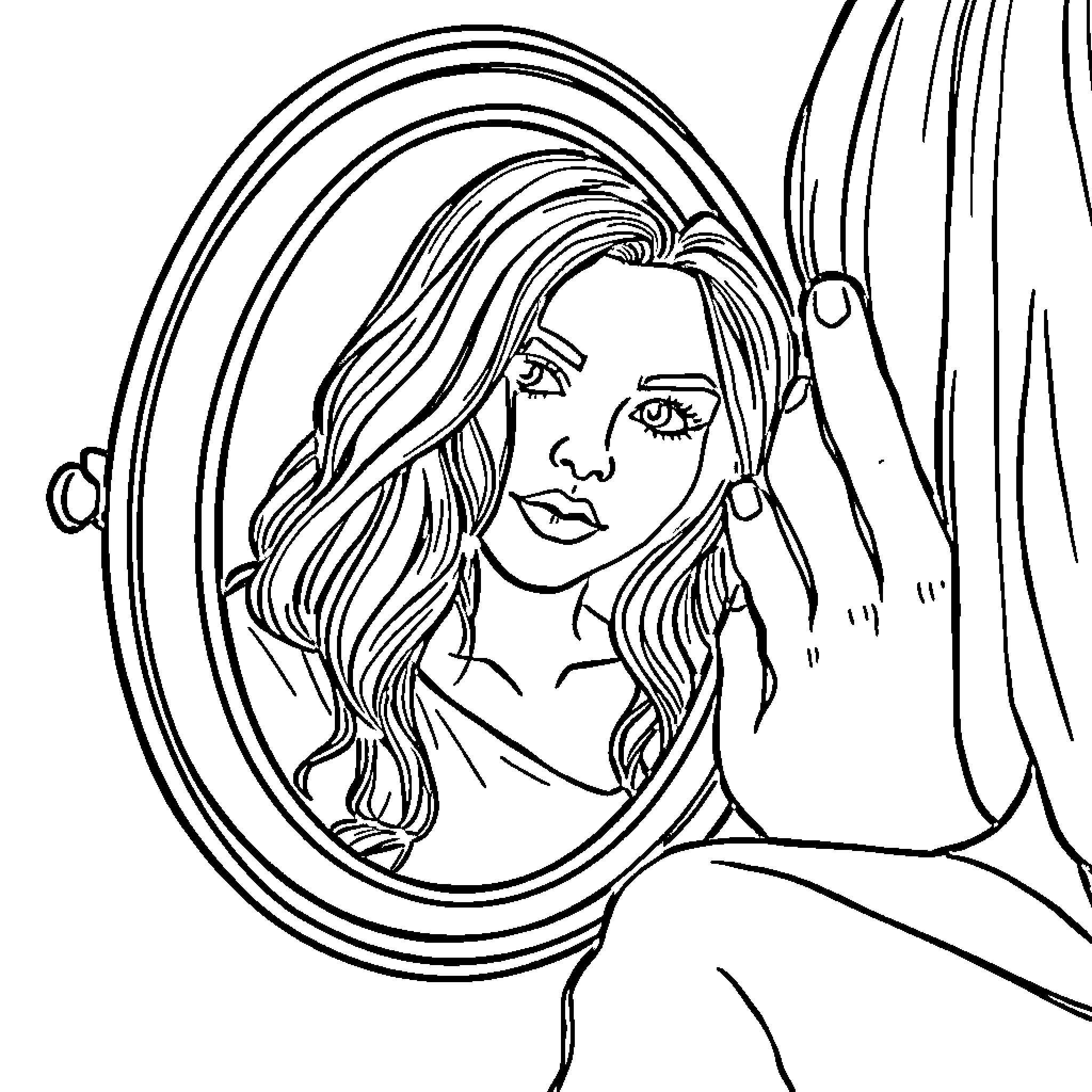 Self-Reflection in the Mirror Coloring Page (free black-and-white line drawing printable PDF for all, from beginners to advanced learners, including children, teens, adults, and seniors)