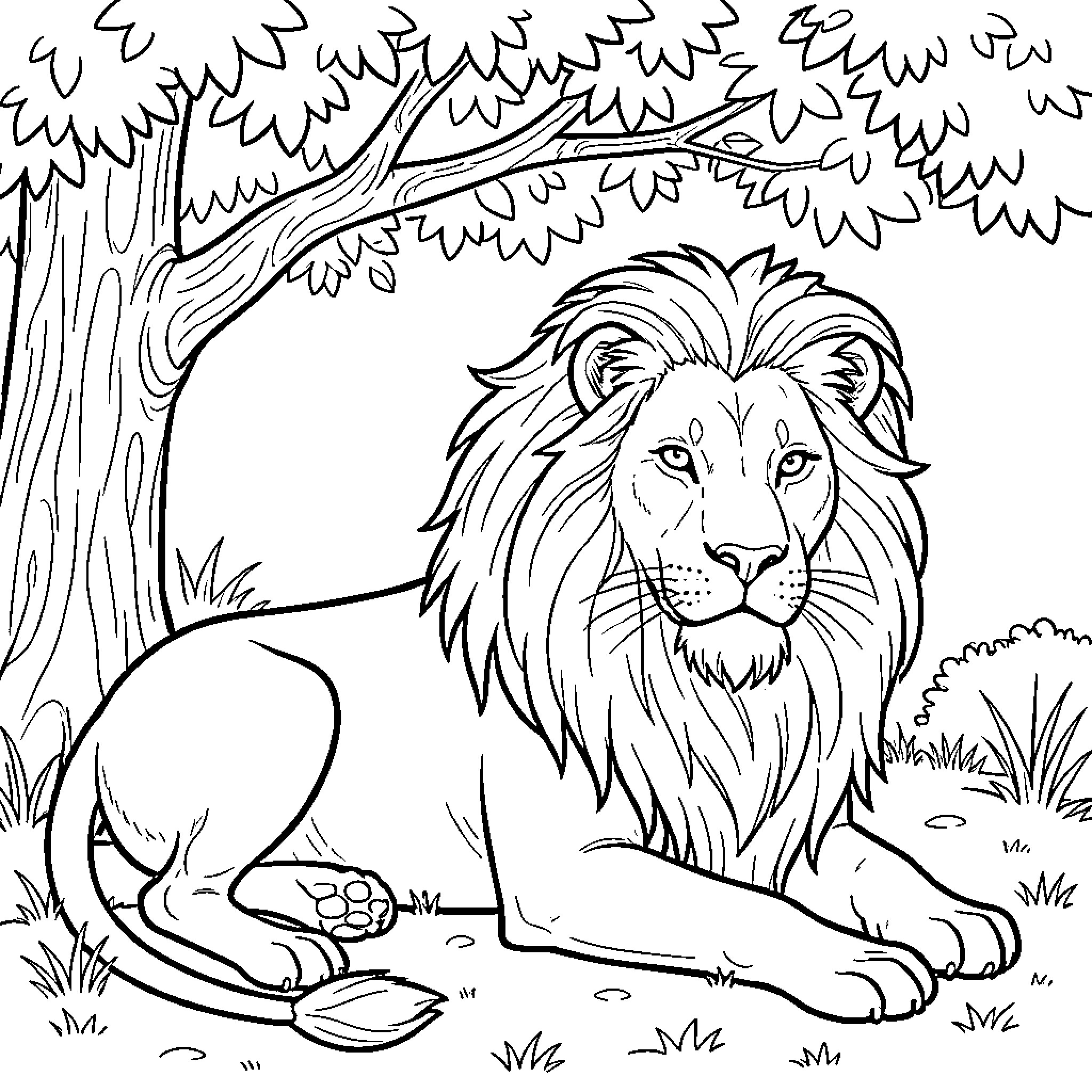 Lion relaxing in the forest Coloring Page (free black-and-white line drawing printable PDF for all, from beginners to advanced learners, including children, teens, adults, and seniors)