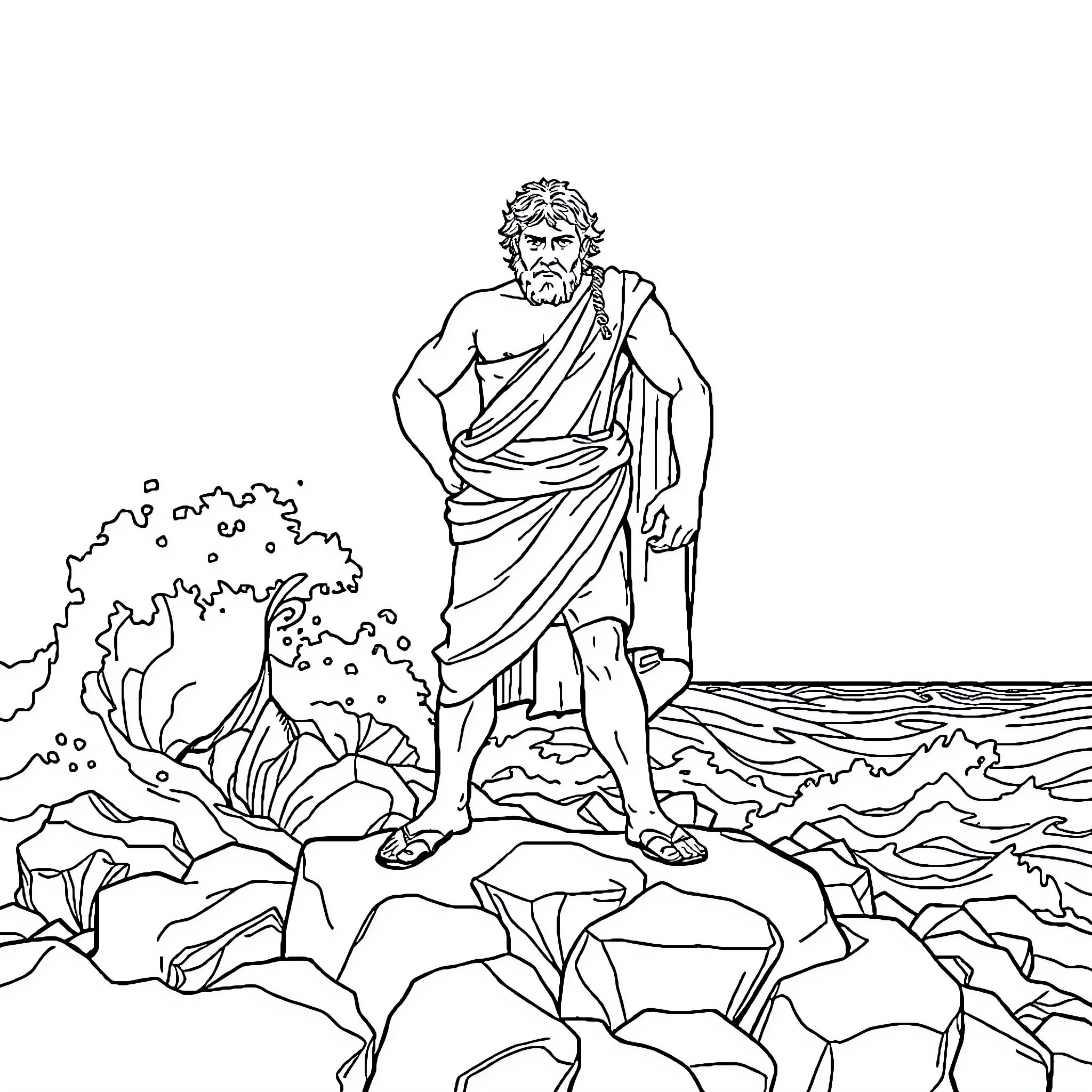 Odysseus stands resolute amid crashing waves Coloring Page (free black-and-white line drawing printable PDF for all, from beginners to advanced learners, including children, teens, adults, and seniors)