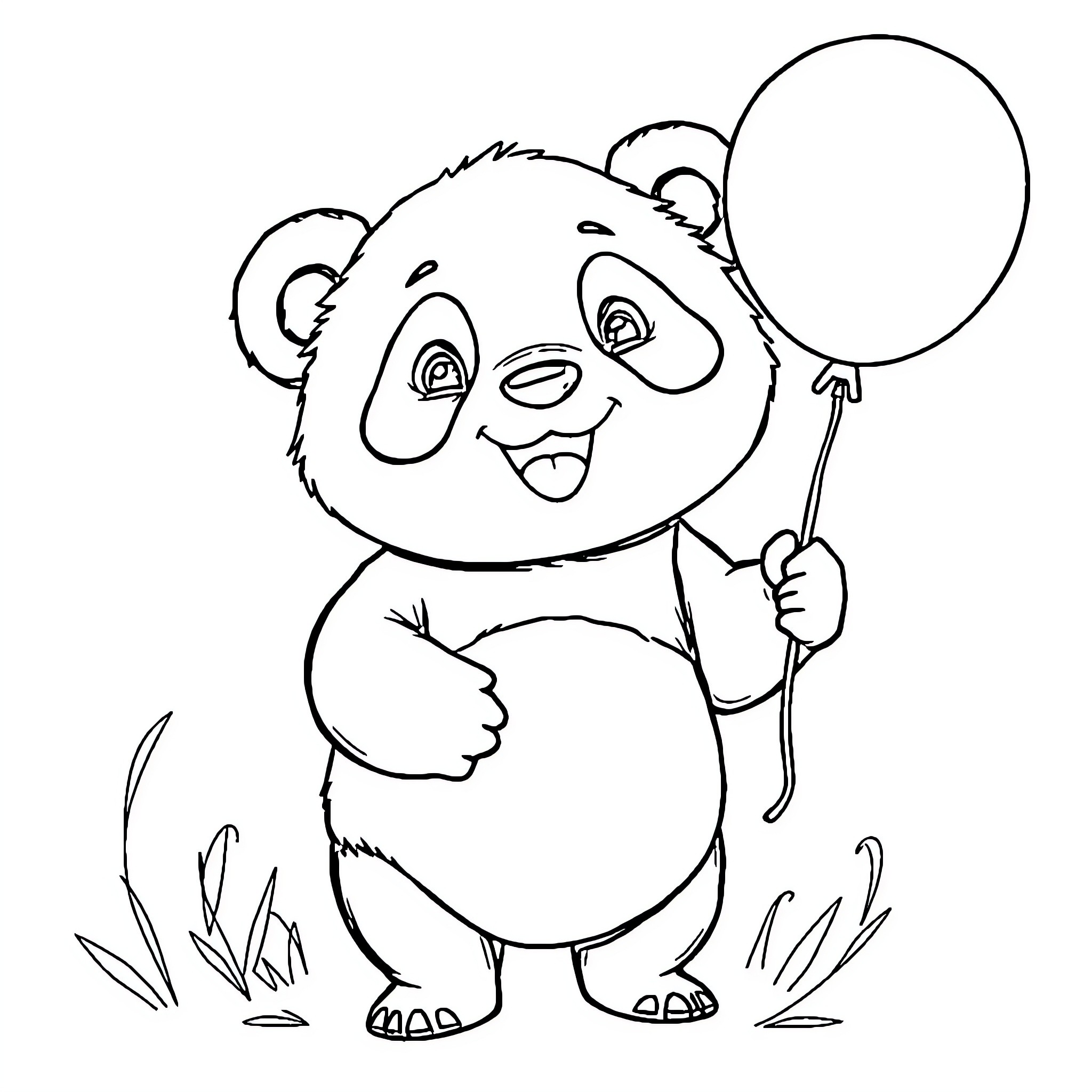 Panda holding a cheerful balloon Coloring Page (free black-and-white line drawing printable PDF for all, from beginners to advanced learners, including children, teens, adults, and seniors)