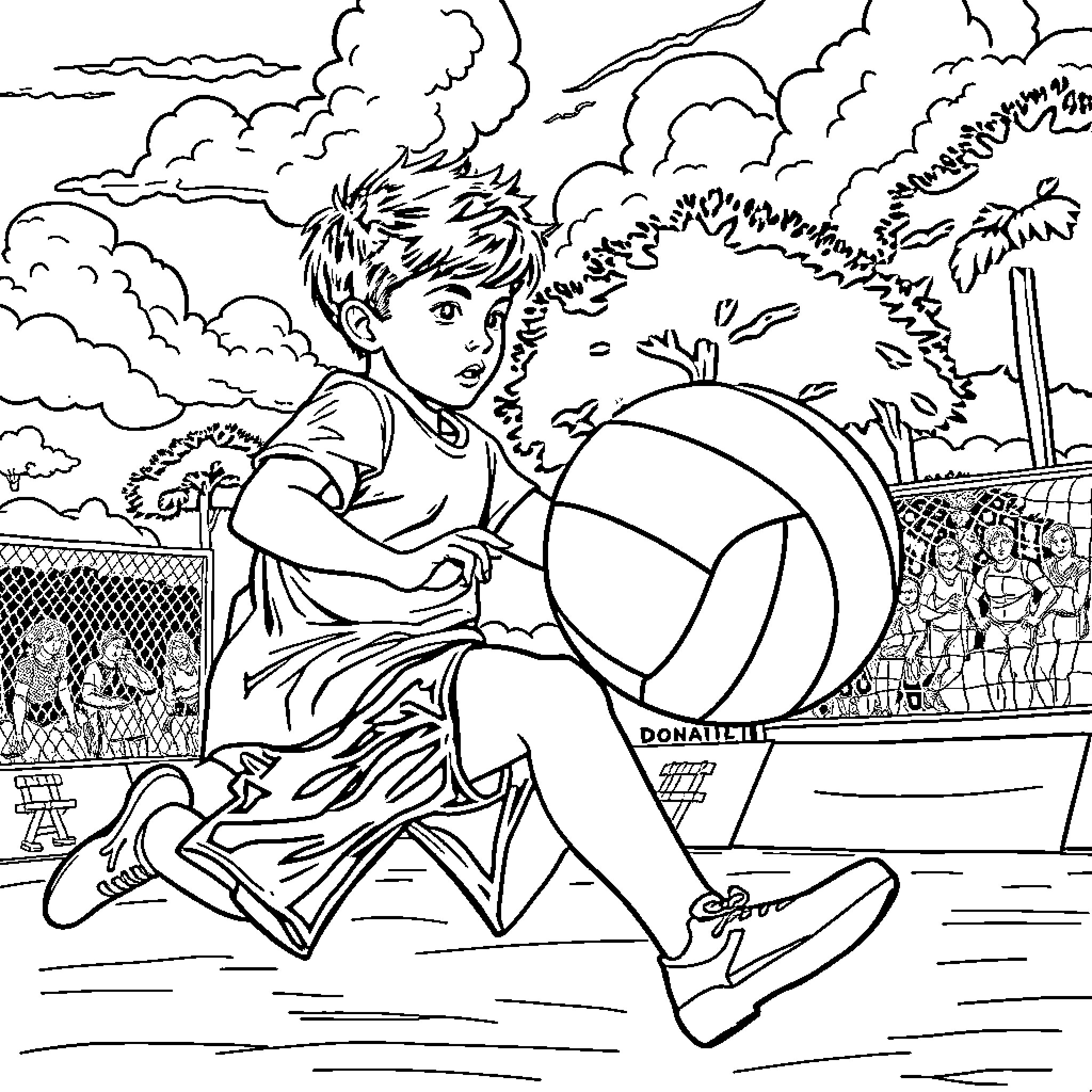 Owl Enjoying Outdoor Recreational Activities Coloring Page (free black-and-white line drawing printable PDF for all, from beginners to advanced learners, including children, teens, adults, and seniors)