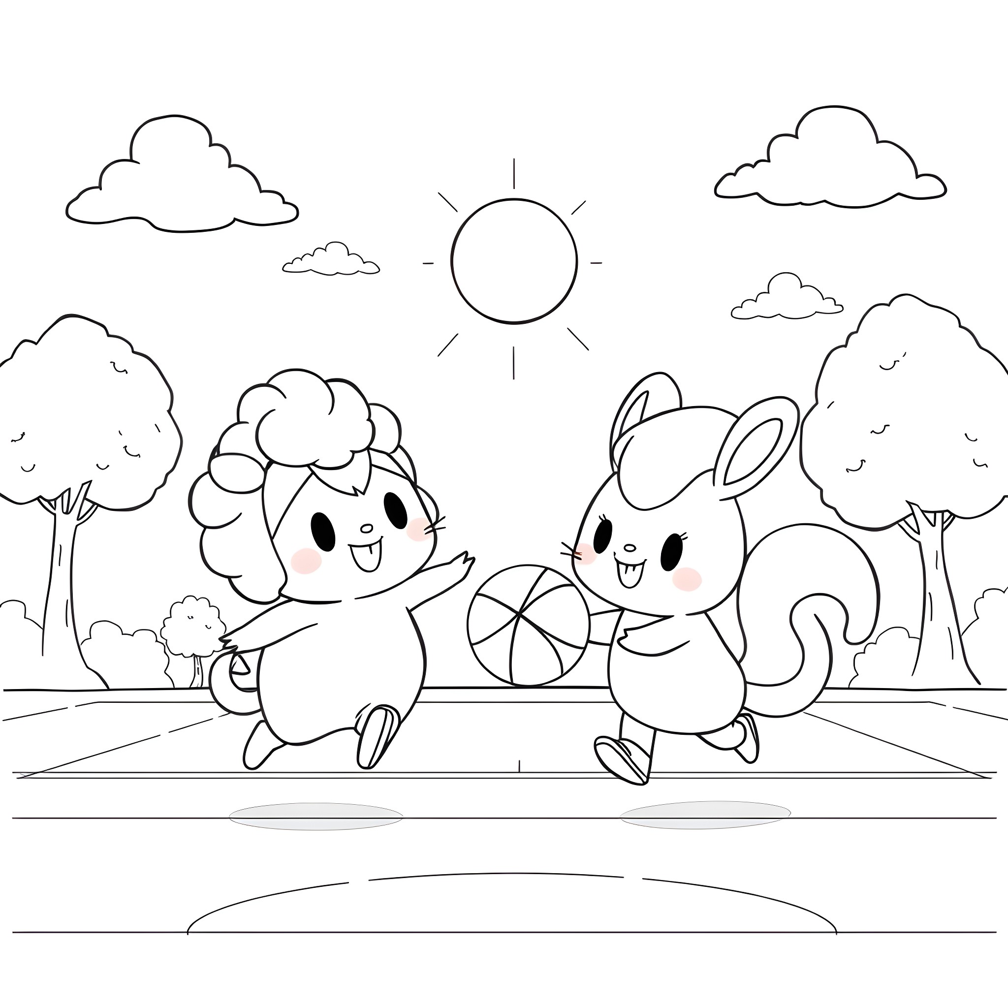 Pompompurin and friends playing happily in the park Coloring Page (free black-and-white line drawing printable PDF for all, from beginners to advanced learners, including children, teens, adults, and seniors)