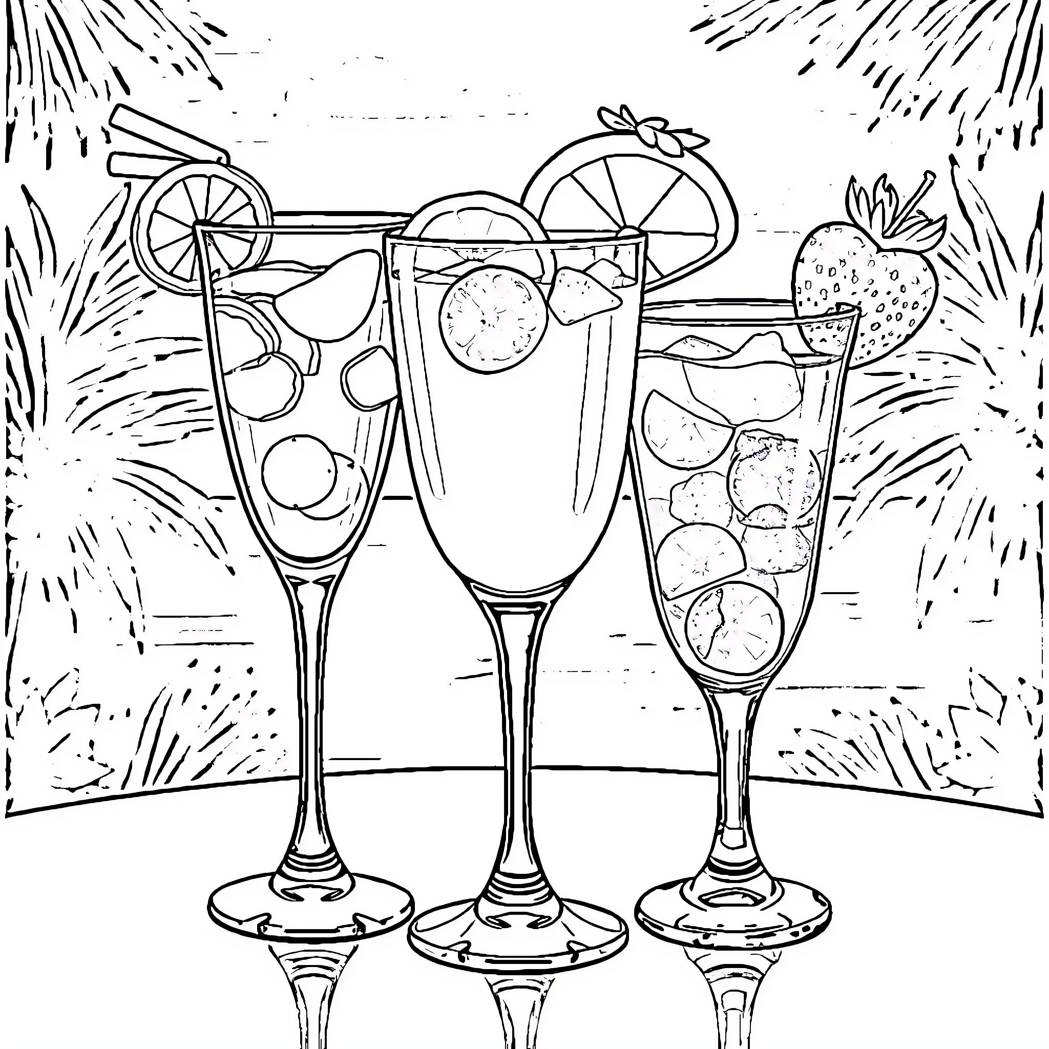 Cocktail Celebration with Festive Drinks Coloring Page (free black-and-white line drawing printable PDF for all, from beginners to advanced learners, including children, teens, adults, and seniors)