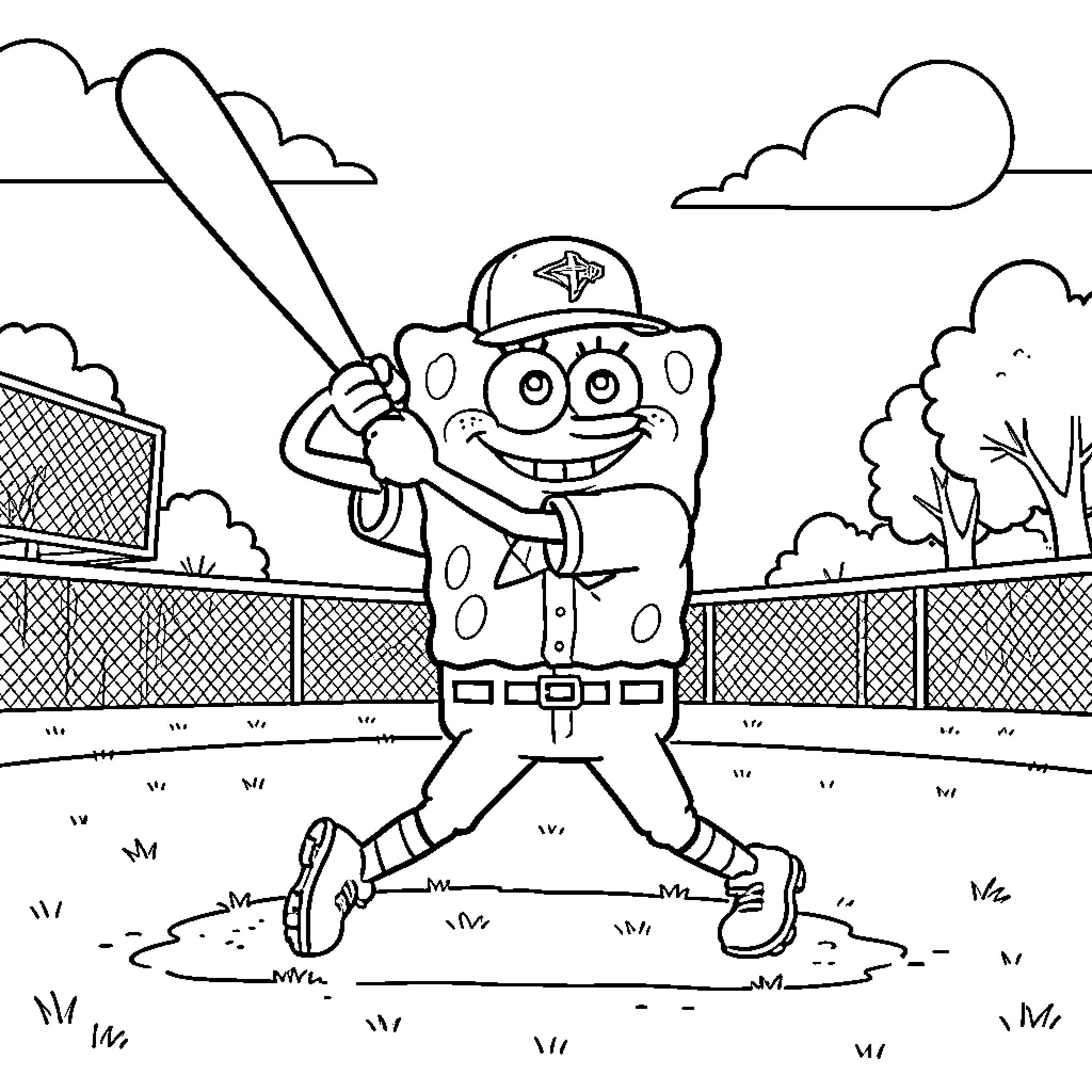 Sponge Bob playing baseball in the park Coloring Page (free black-and-white line drawing printable PDF for all, from beginners to advanced learners, including children, teens, adults, and seniors)