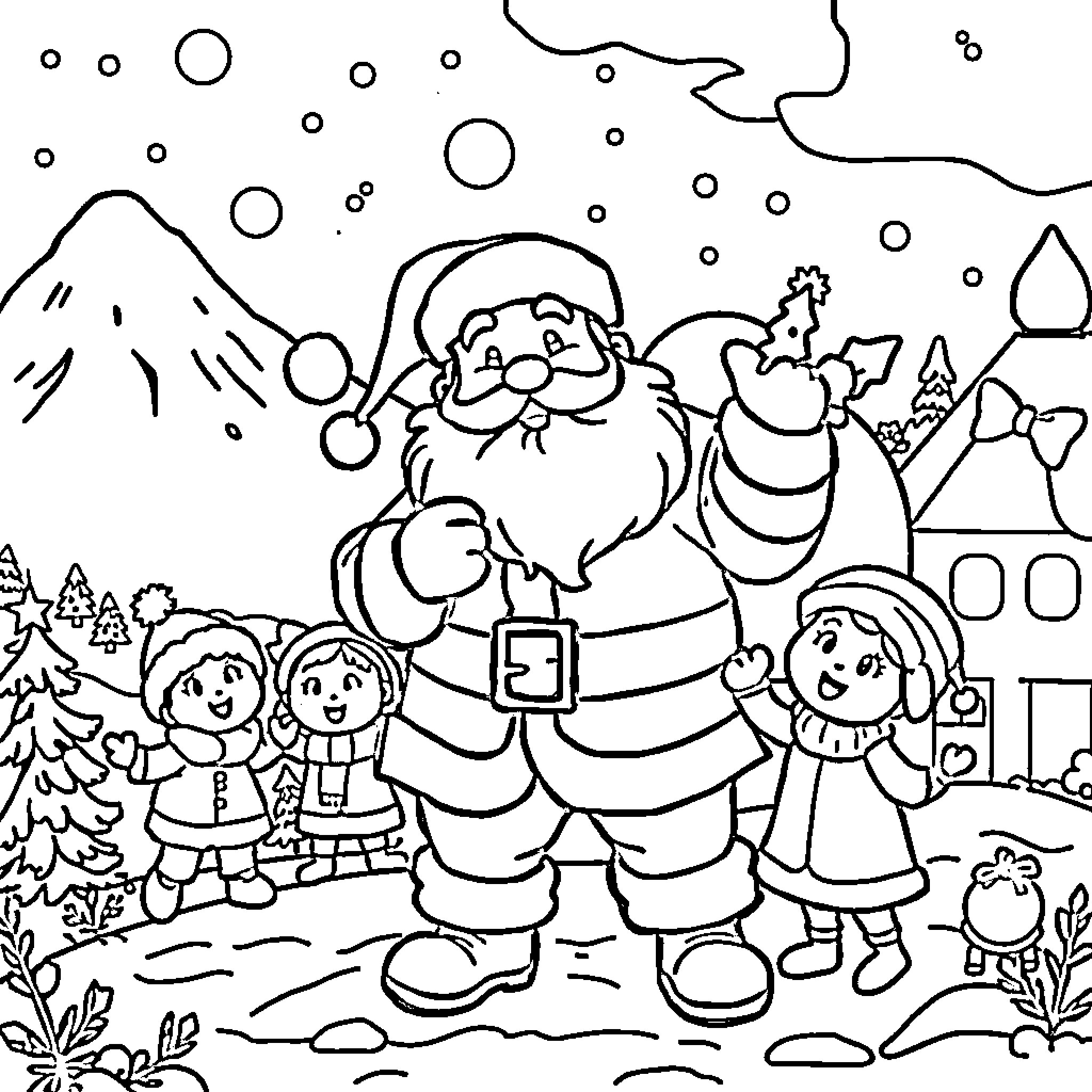 Christmas scene with Santa and children Coloring Page (free black-and-white line drawing printable PDF for all, from beginners to advanced learners, including children, teens, adults, and seniors)