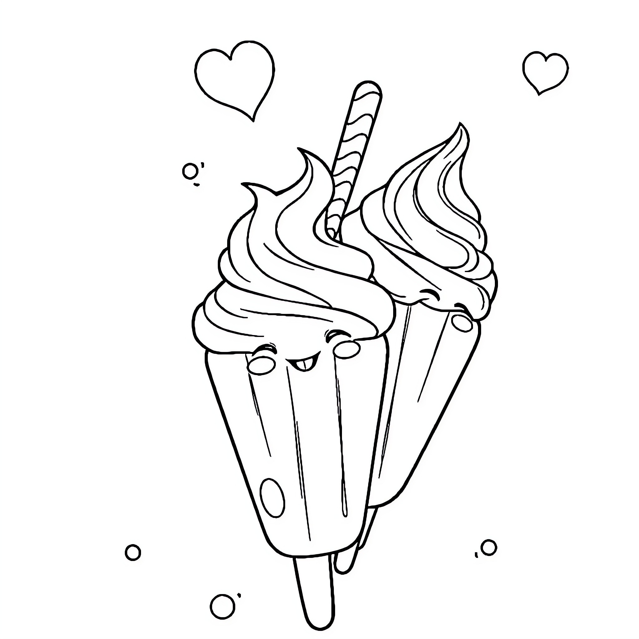 Ice Cream Delight with Whimsical Heart Accents Coloring Page (free black-and-white line drawing printable PDF for all, from beginners to advanced learners, including children, teens, adults, and seniors)
