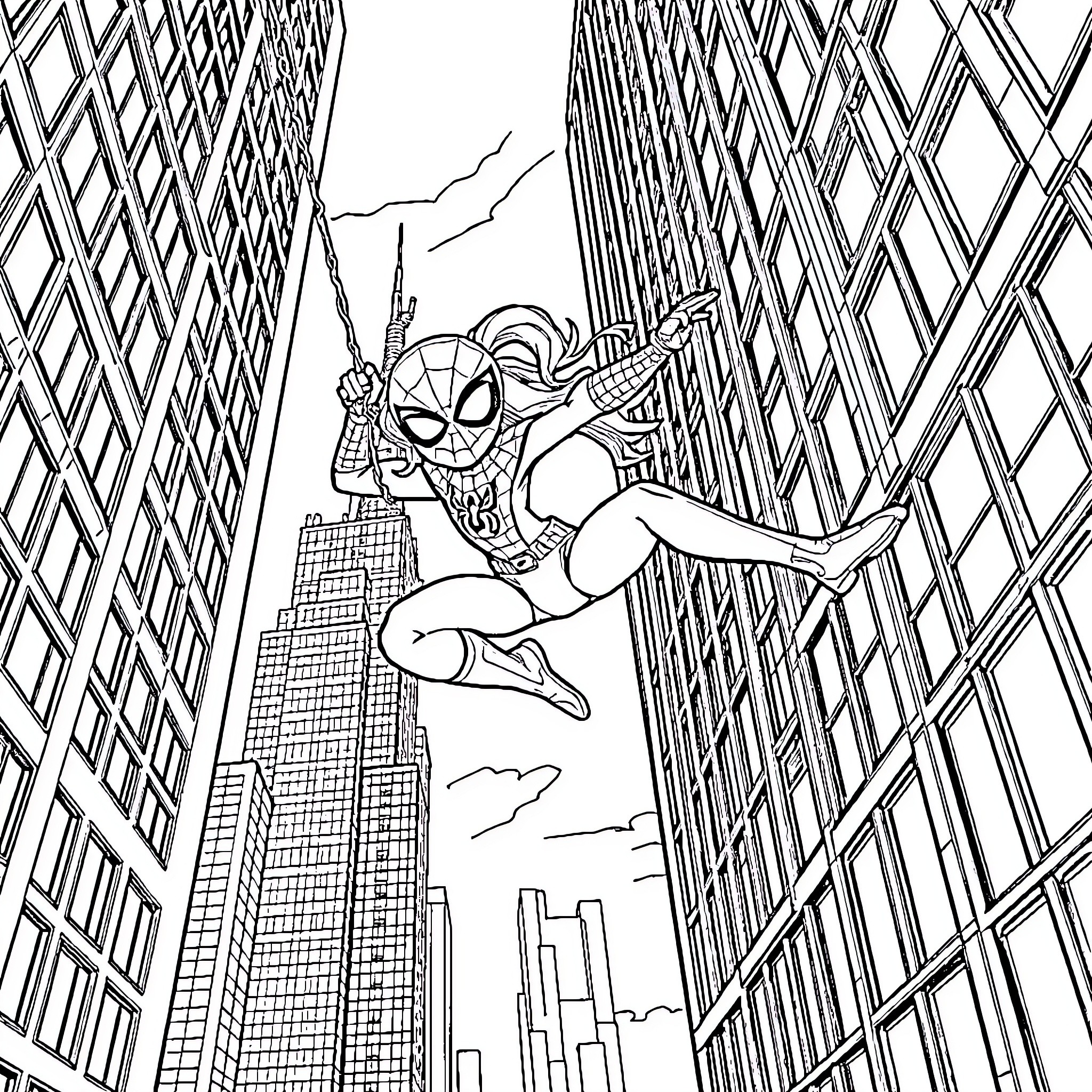 Spiderman Girl Swinging through the City Skyline Coloring Page (free black-and-white line drawing printable PDF for all, from beginners to advanced learners, including children, teens, adults, and seniors)