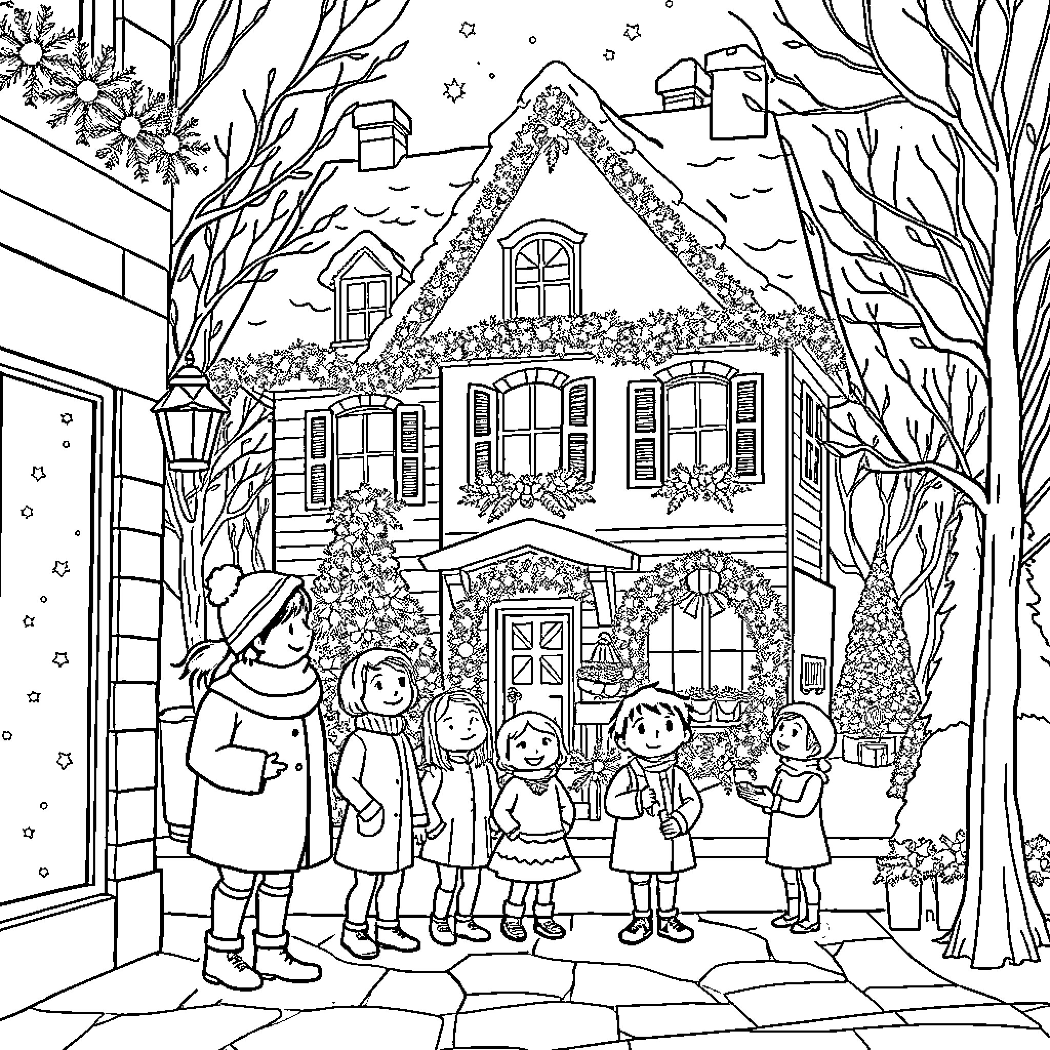 Noel's Festive Family Gathering Coloring Page (free black-and-white line drawing printable PDF for all, from beginners to advanced learners, including children, teens, adults, and seniors)