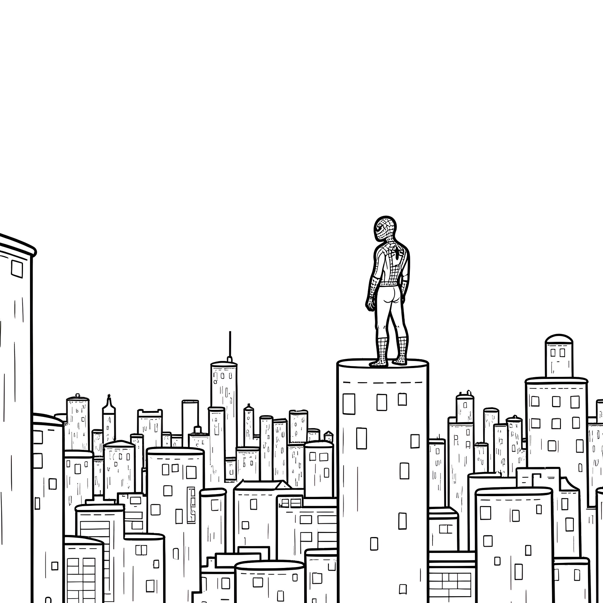Spider-Man standing tall in the city skyline Coloring Page (free black-and-white line drawing printable PDF for all, from beginners to advanced learners, including children, teens, adults, and seniors)