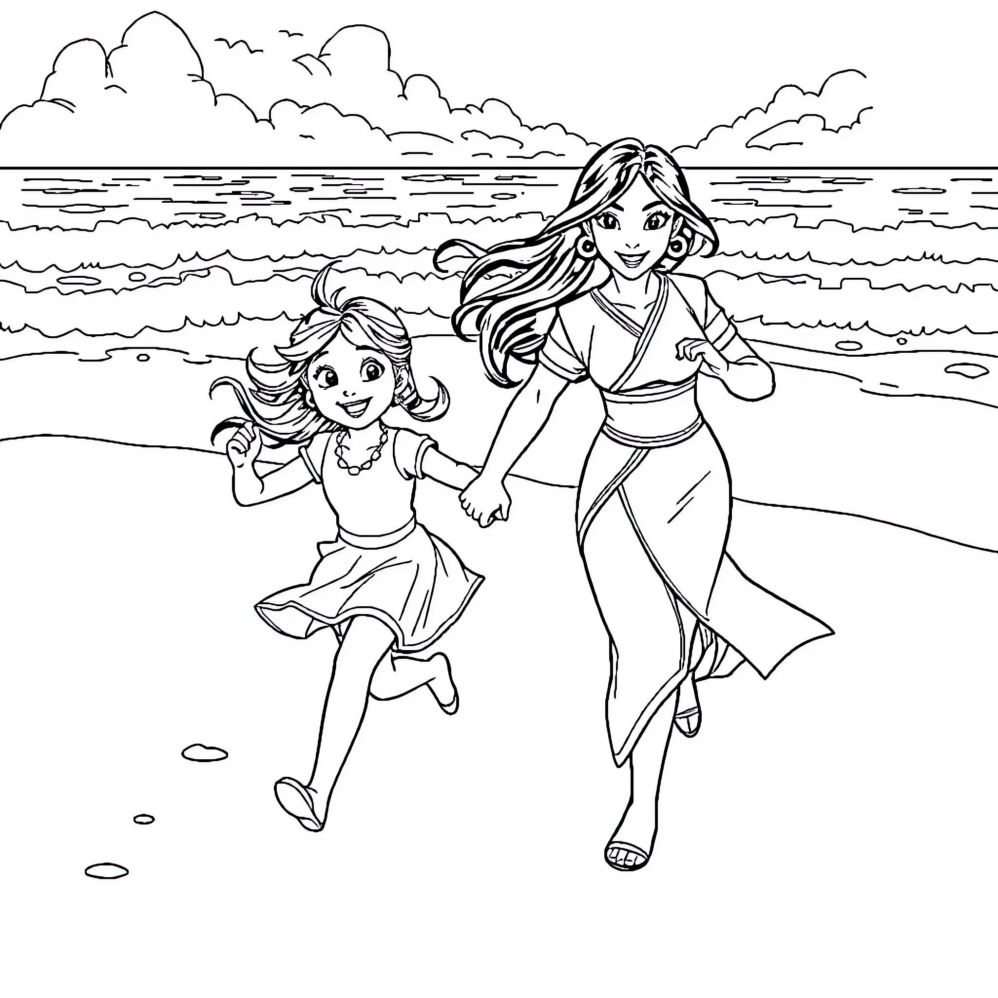 Mulan and Daughter Enjoying Beach Adventure Coloring Page (free black-and-white line drawing printable PDF for all, from beginners to advanced learners, including children, teens, adults, and seniors)
