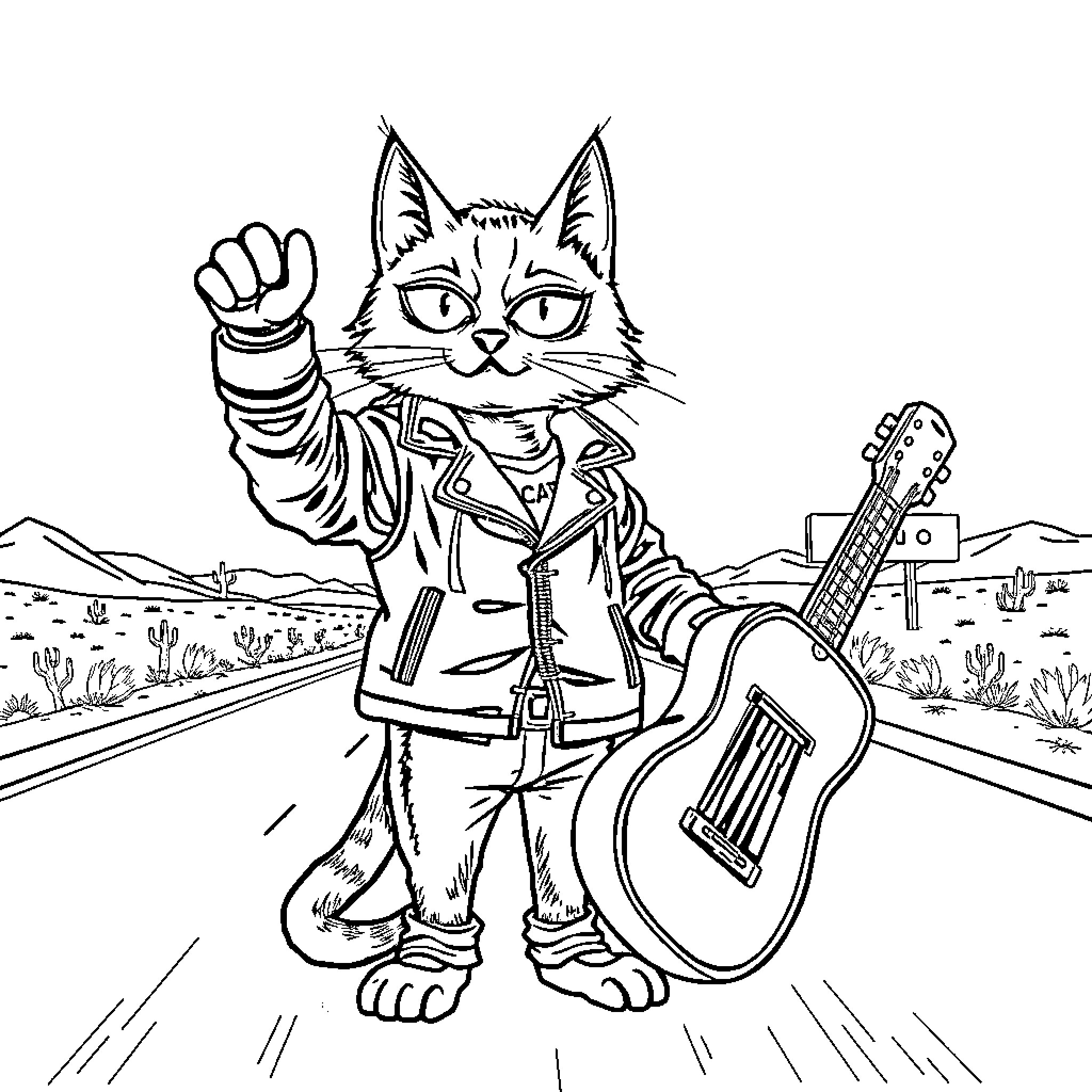 Cat rockstar with guitar in the desert Coloring Page (free black-and-white line drawing printable PDF for all, from beginners to advanced learners, including children, teens, adults, and seniors)