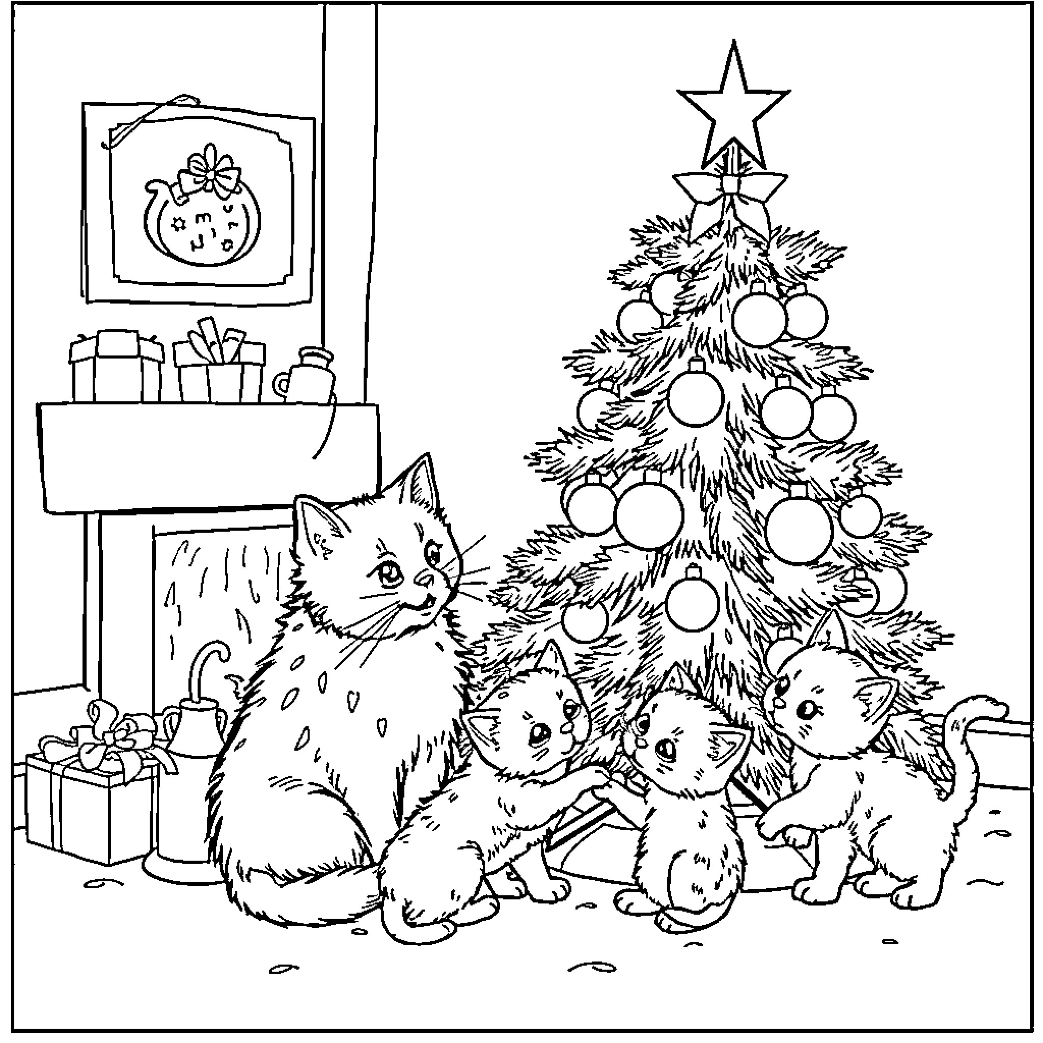 Kittens playing near Christmas tree Coloring Page (free black-and-white line drawing printable PDF for all, from beginners to advanced learners, including children, teens, adults, and seniors)