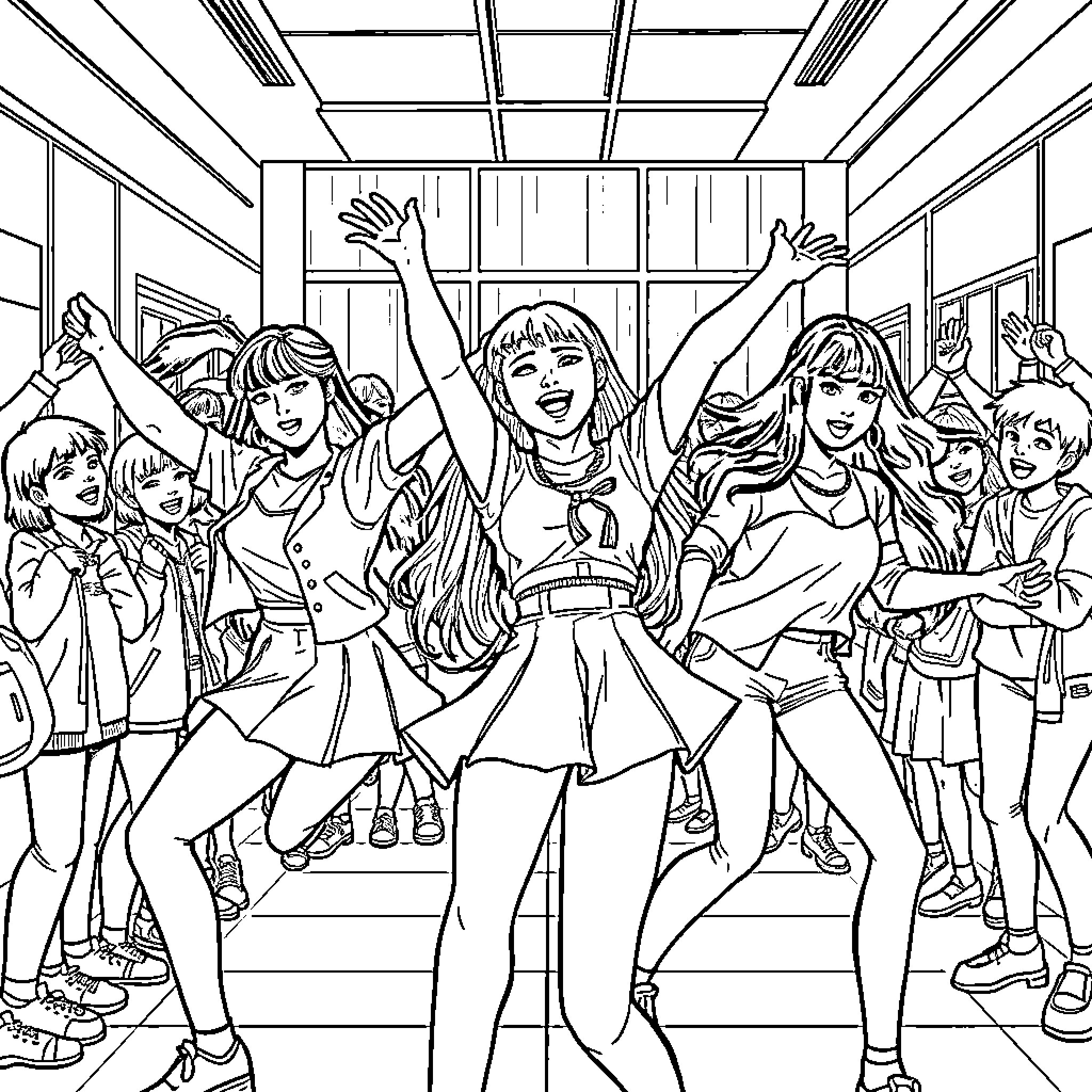 Kpop Warriors Performing on Stage with Enthusiasm Coloring Page (free black-and-white line drawing printable PDF for all, from beginners to advanced learners, including children, teens, adults, and seniors)