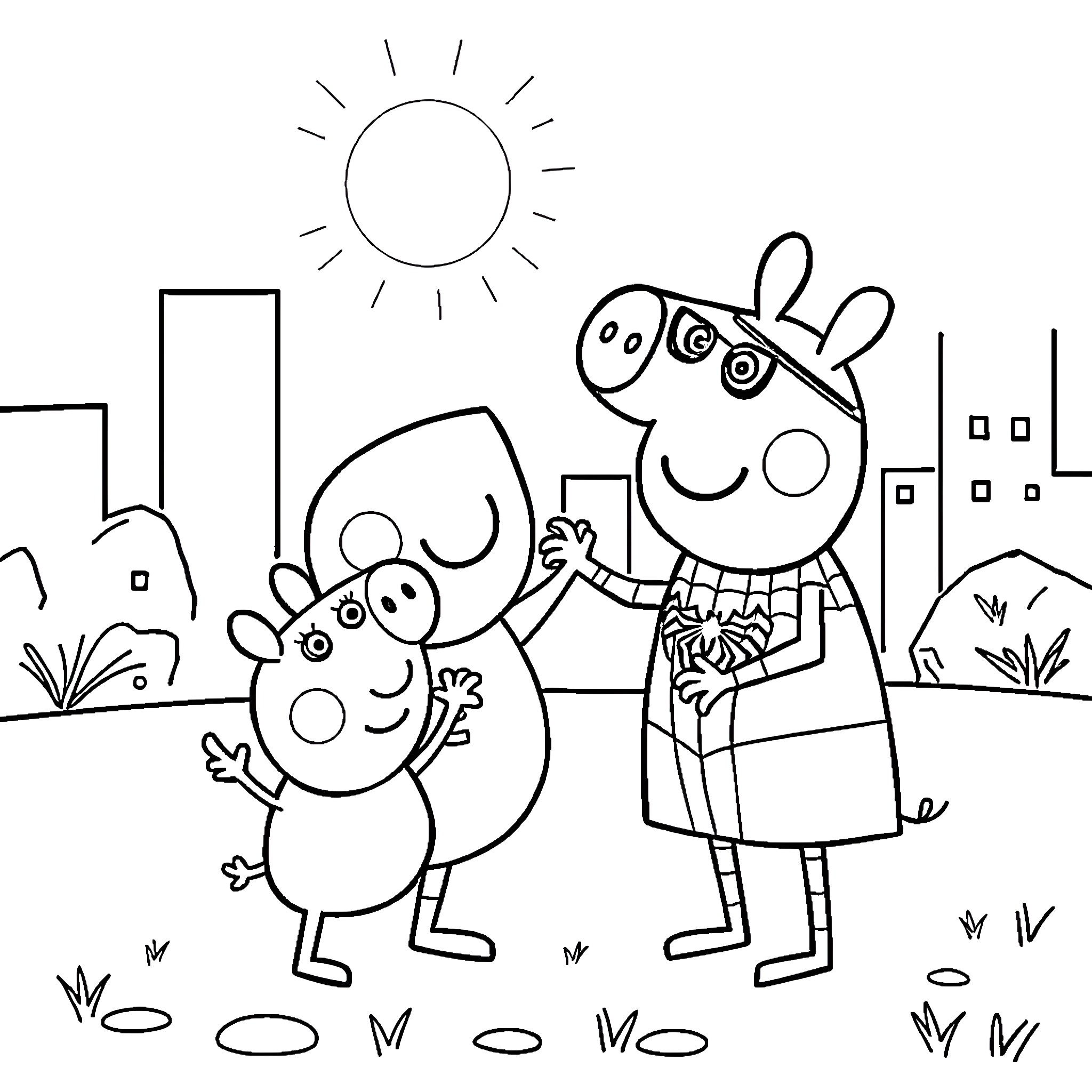 Peppa Pig playing with friend in park Coloring Page (free black-and-white line drawing printable PDF for all, from beginners to advanced learners, including children, teens, adults, and seniors)