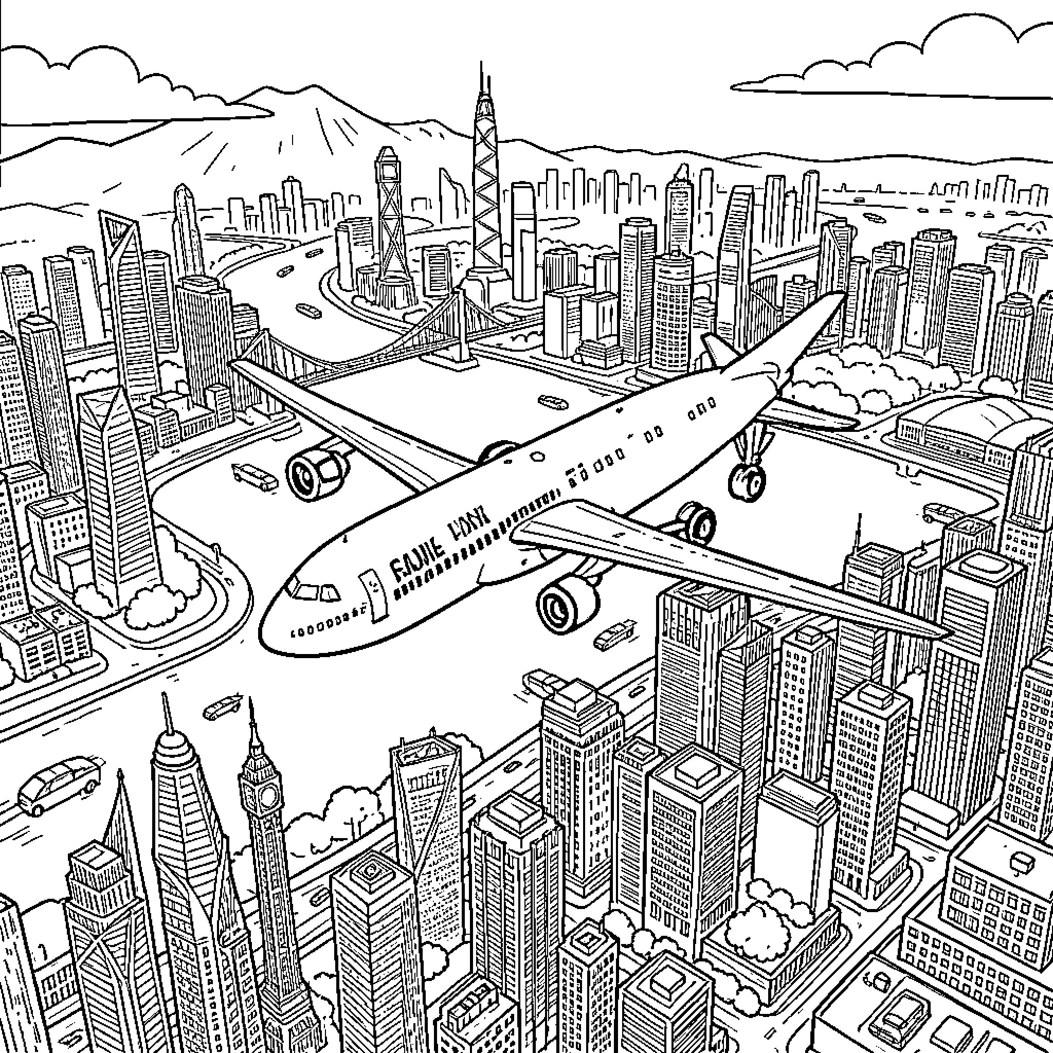 Airplane over Bustling Cityscape Coloring Page (free black-and-white line drawing printable PDF for all, from beginners to advanced learners, including children, teens, adults, and seniors)
