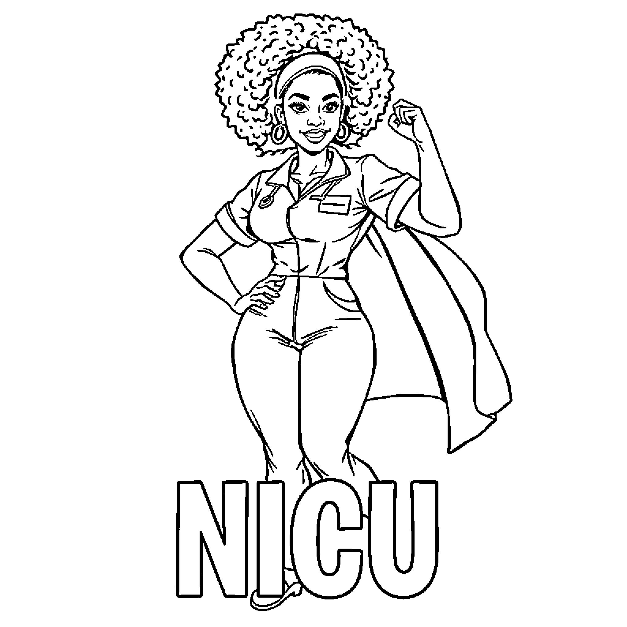 Nurse standing proudly in uniform Coloring Page (free black-and-white line drawing printable PDF for all, from beginners to advanced learners, including children, teens, adults, and seniors)