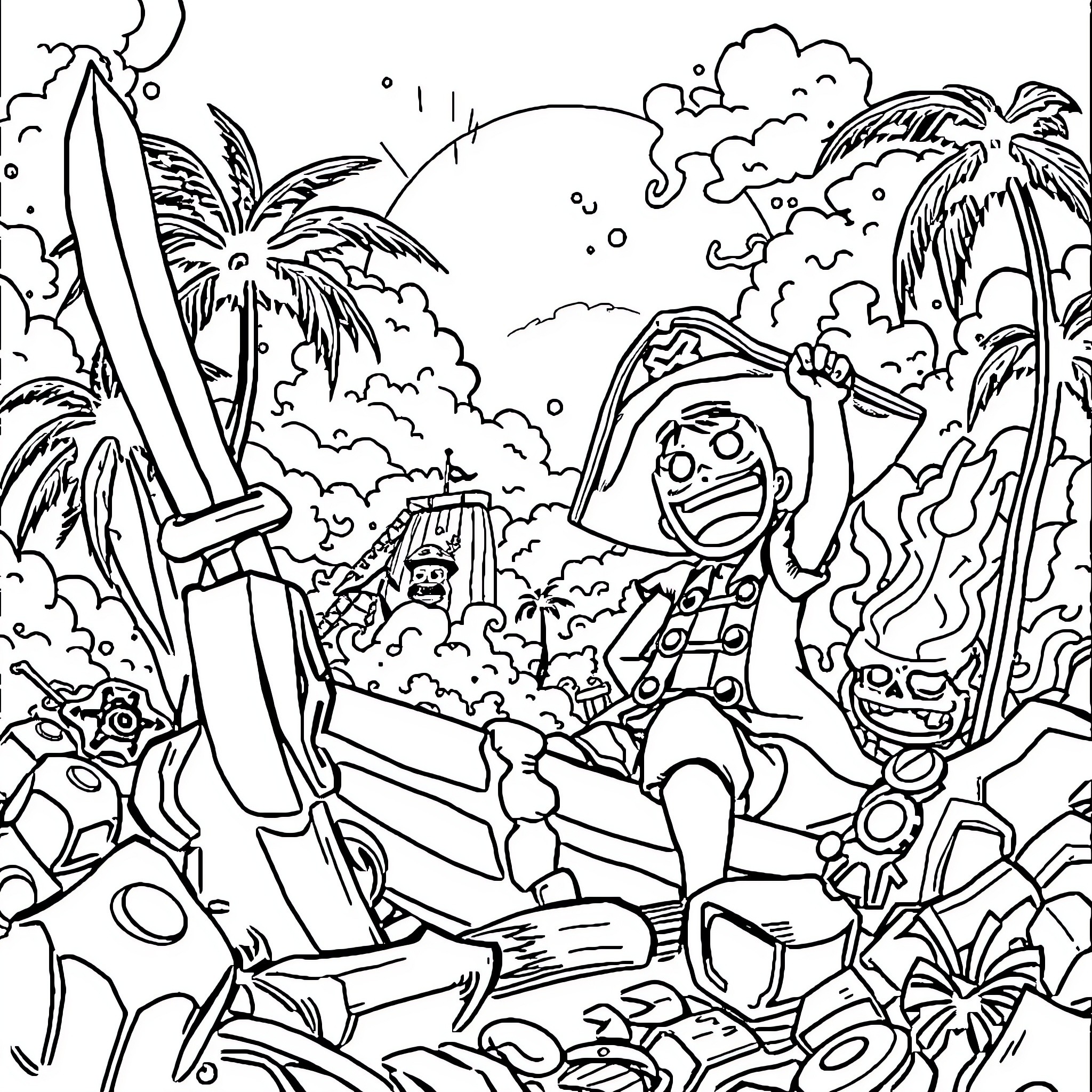 One Piece Adventure in the Tropical Wilderness Coloring Page (free black-and-white line drawing printable PDF for all, from beginners to advanced learners, including children, teens, adults, and seniors)