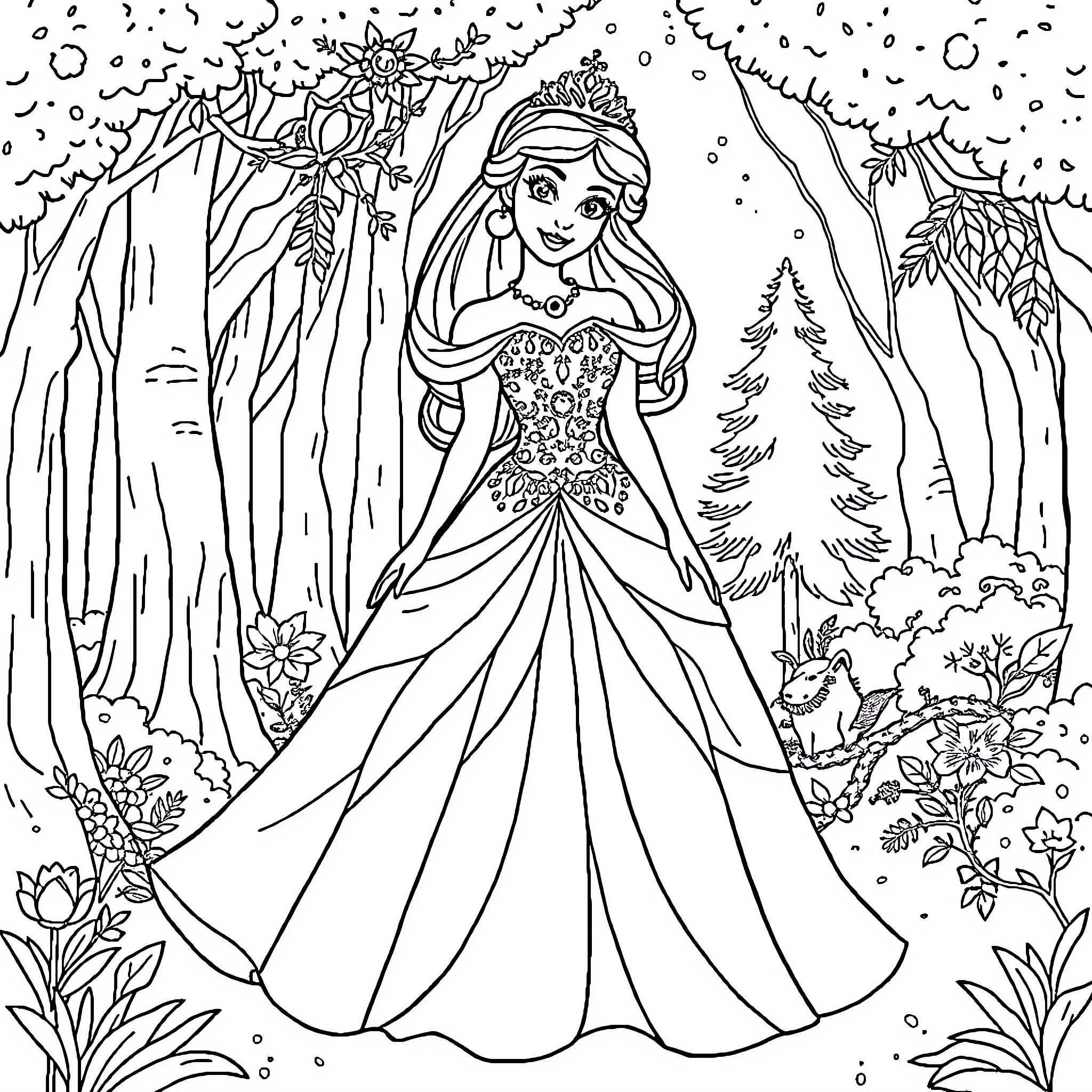Disney Princess in Elegant Ballgown in Enchanted Forest Coloring Page (free black-and-white line drawing printable PDF for all, from beginners to advanced learners, including children, teens, adults, and seniors)
