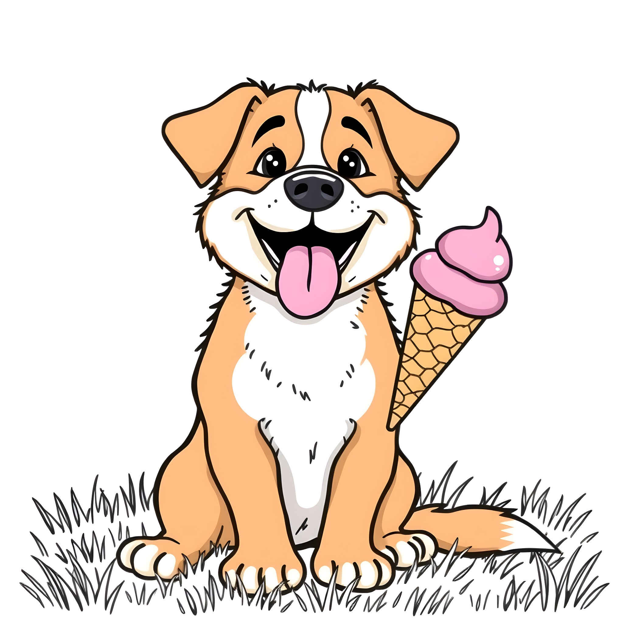 Dog enjoying a tasty ice cream treat Coloring Page (free black-and-white line drawing printable PDF for all, from beginners to advanced learners, including children, teens, adults, and seniors)