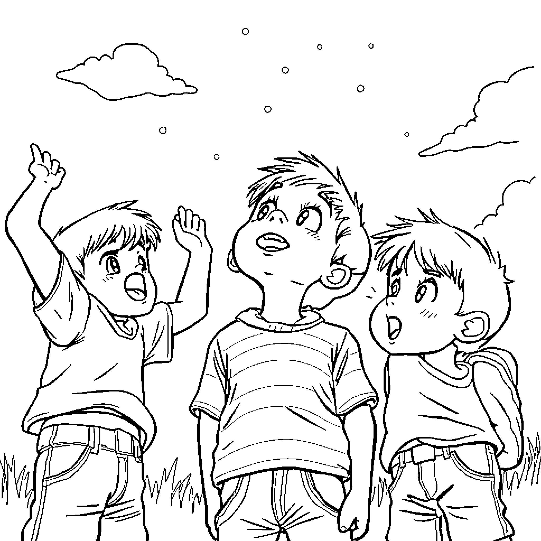 Boys enjoying outdoor play and adventure Coloring Page (free black-and-white line drawing printable PDF for all, from beginners to advanced learners, including children, teens, adults, and seniors)