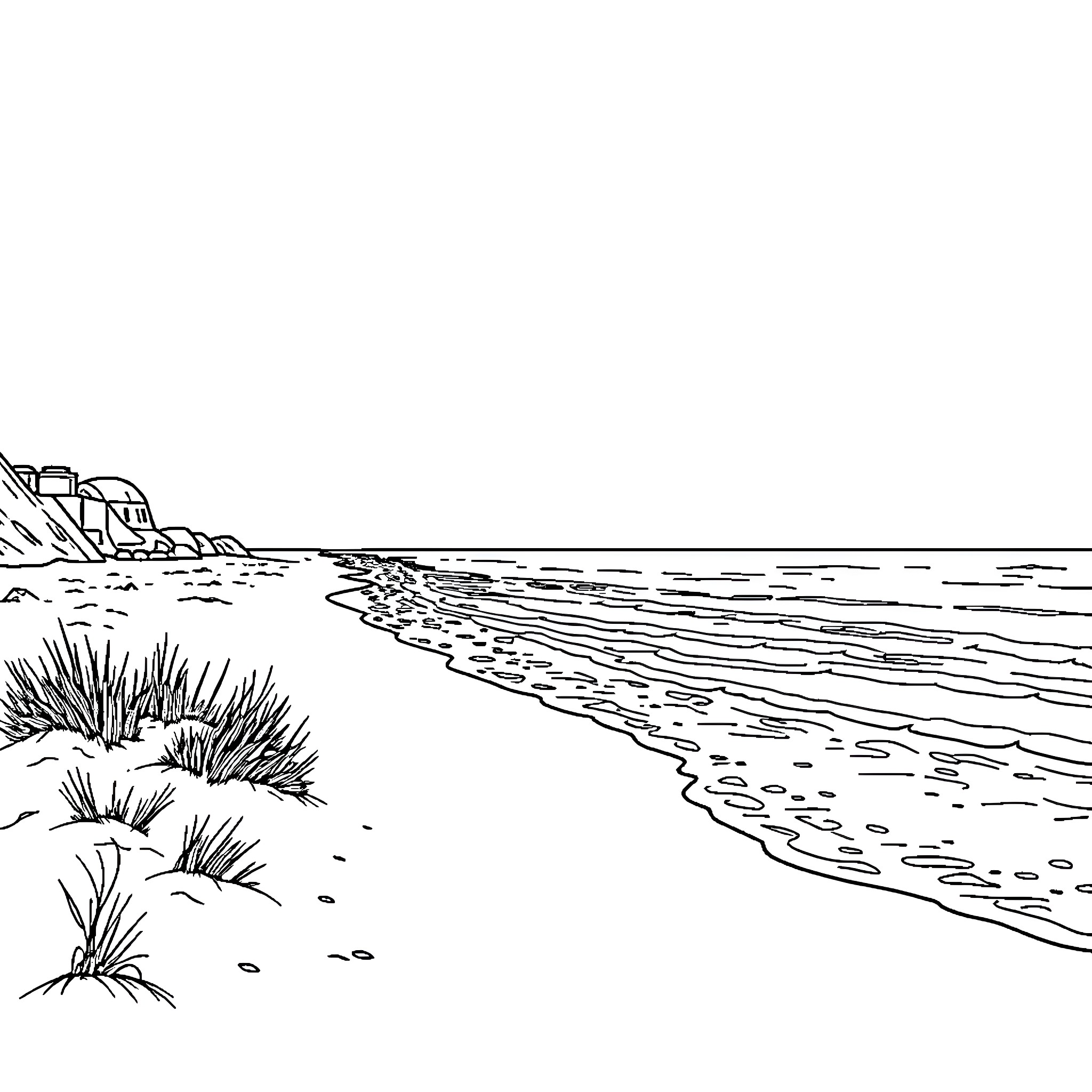Mandalorian warrior overlooking peaceful seascape Coloring Page (free black-and-white line drawing printable PDF for all, from beginners to advanced learners, including children, teens, adults, and seniors)