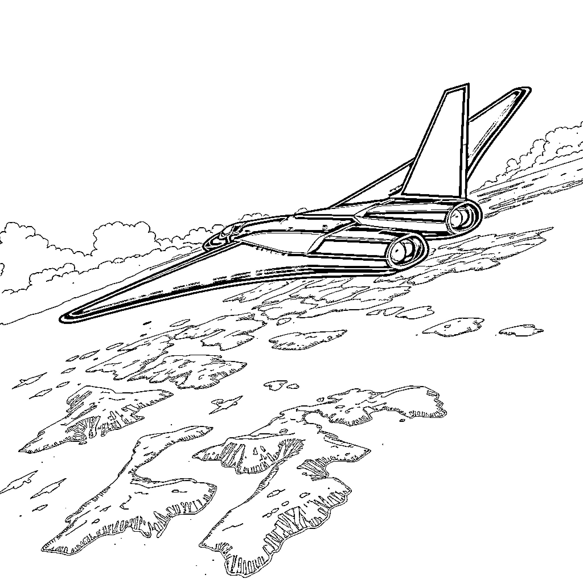SR71 Blackbird aircraft in flight over rugged terrain Coloring Page (free black-and-white line drawing printable PDF for all, from beginners to advanced learners, including children, teens, adults, and seniors)