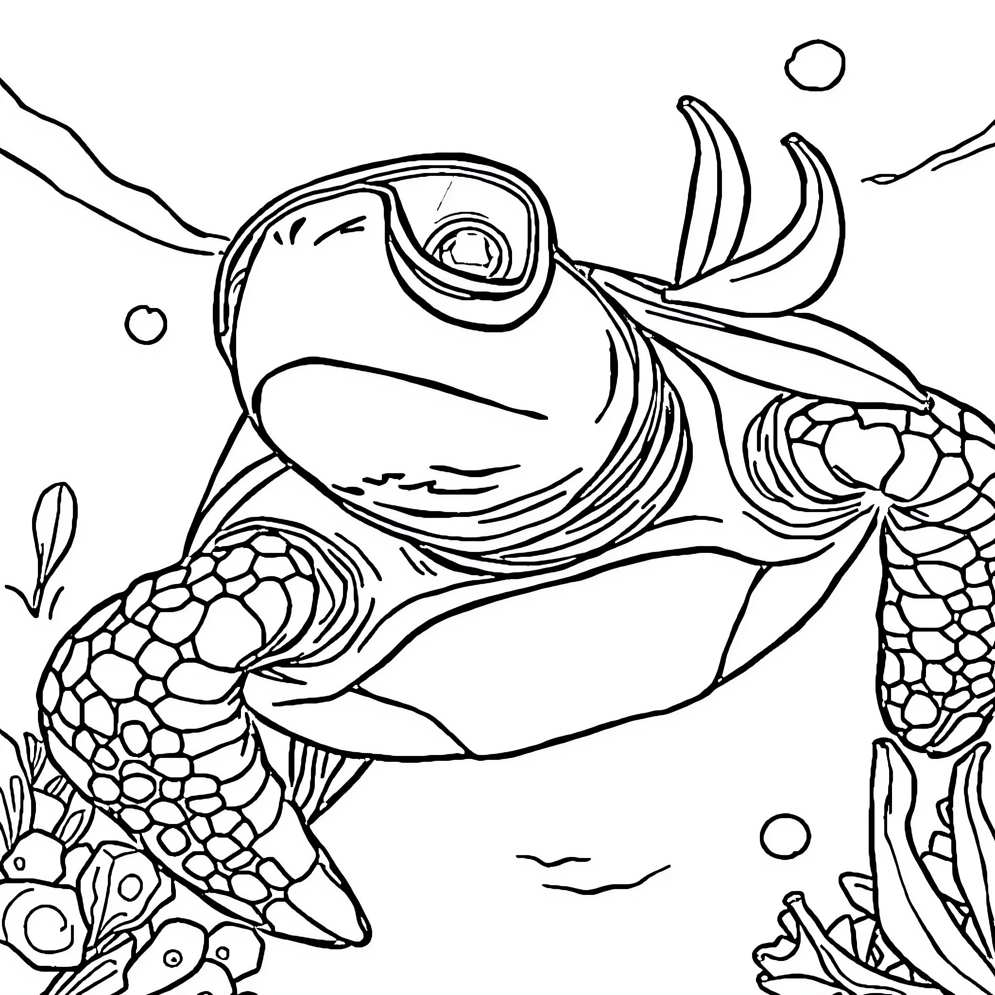 Sea Turtle swimming gracefully underwater Coloring Page (free black-and-white line drawing printable PDF for all, from beginners to advanced learners, including children, teens, adults, and seniors)