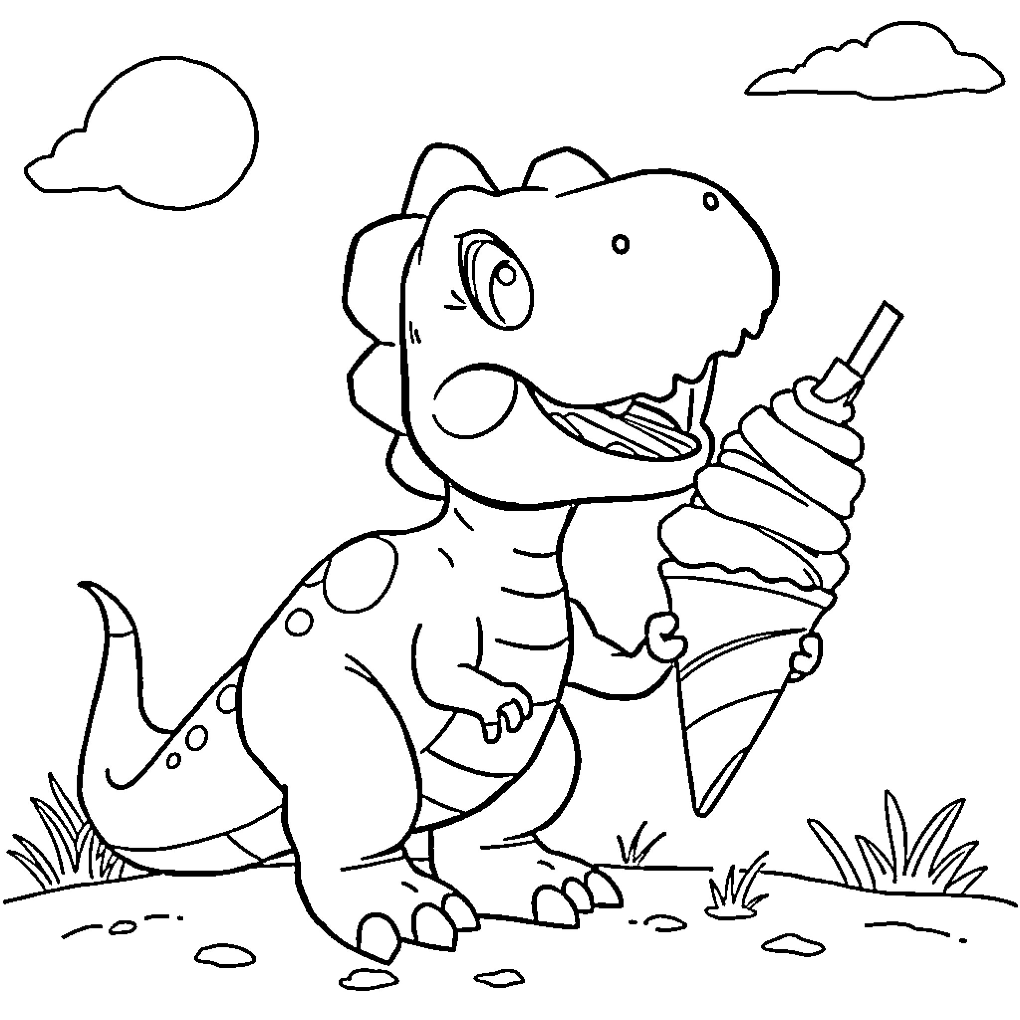 Dinosaur enjoying an ice cream cone Coloring Page (free black-and-white line drawing printable PDF for all, from beginners to advanced learners, including children, teens, adults, and seniors)