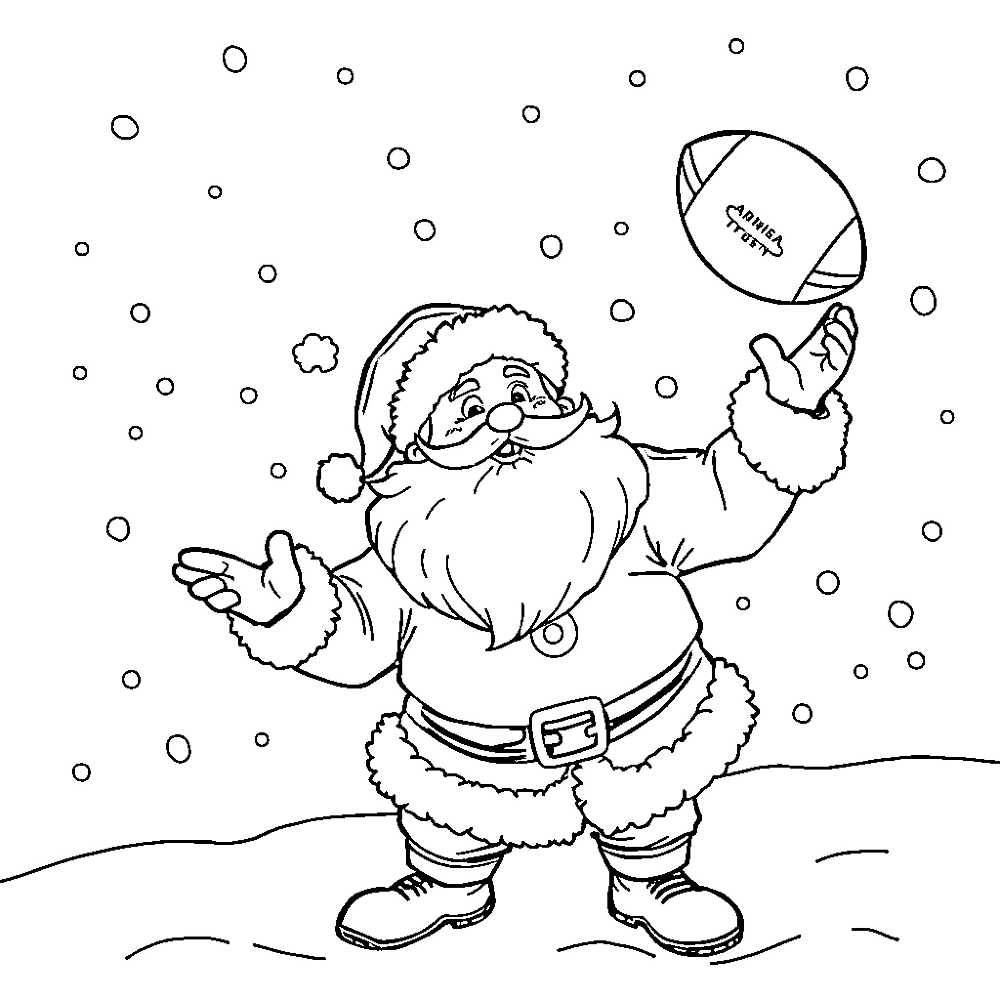 Santa enjoying a game of football in the snow Coloring Page (free black-and-white line drawing printable PDF for all, from beginners to advanced learners, including children, teens, adults, and seniors)