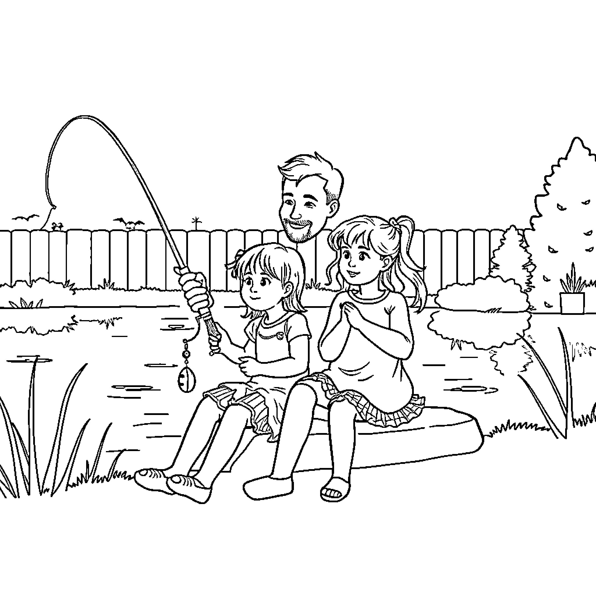 Dad and kids enjoying fishing trip outdoors Coloring Page (free black-and-white line drawing printable PDF for all, from beginners to advanced learners, including children, teens, adults, and seniors)