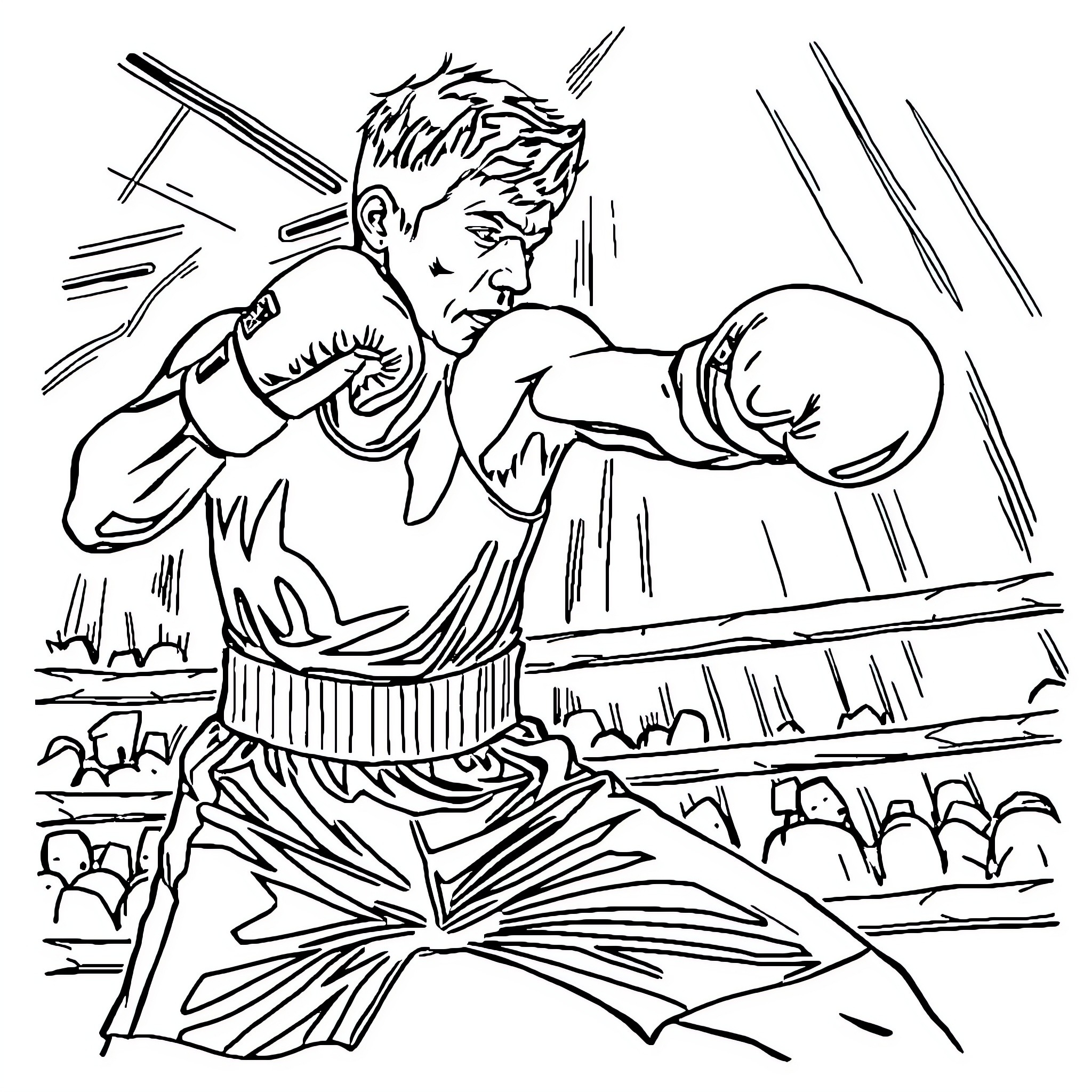 Manny Pacquiao Boxing in the Ring Coloring Page (free black-and-white line drawing printable PDF for all, from beginners to advanced learners, including children, teens, adults, and seniors)