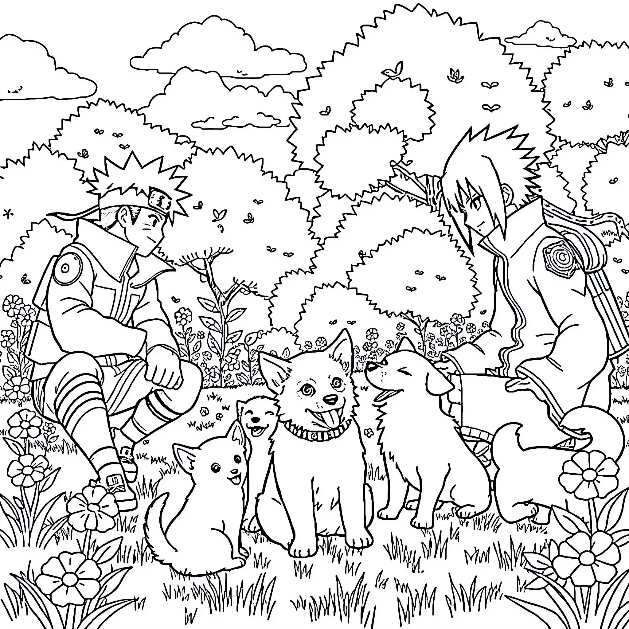 Naruto and companions in a lush forest Coloring Page (free black-and-white line drawing printable PDF for all, from beginners to advanced learners, including children, teens, adults, and seniors)