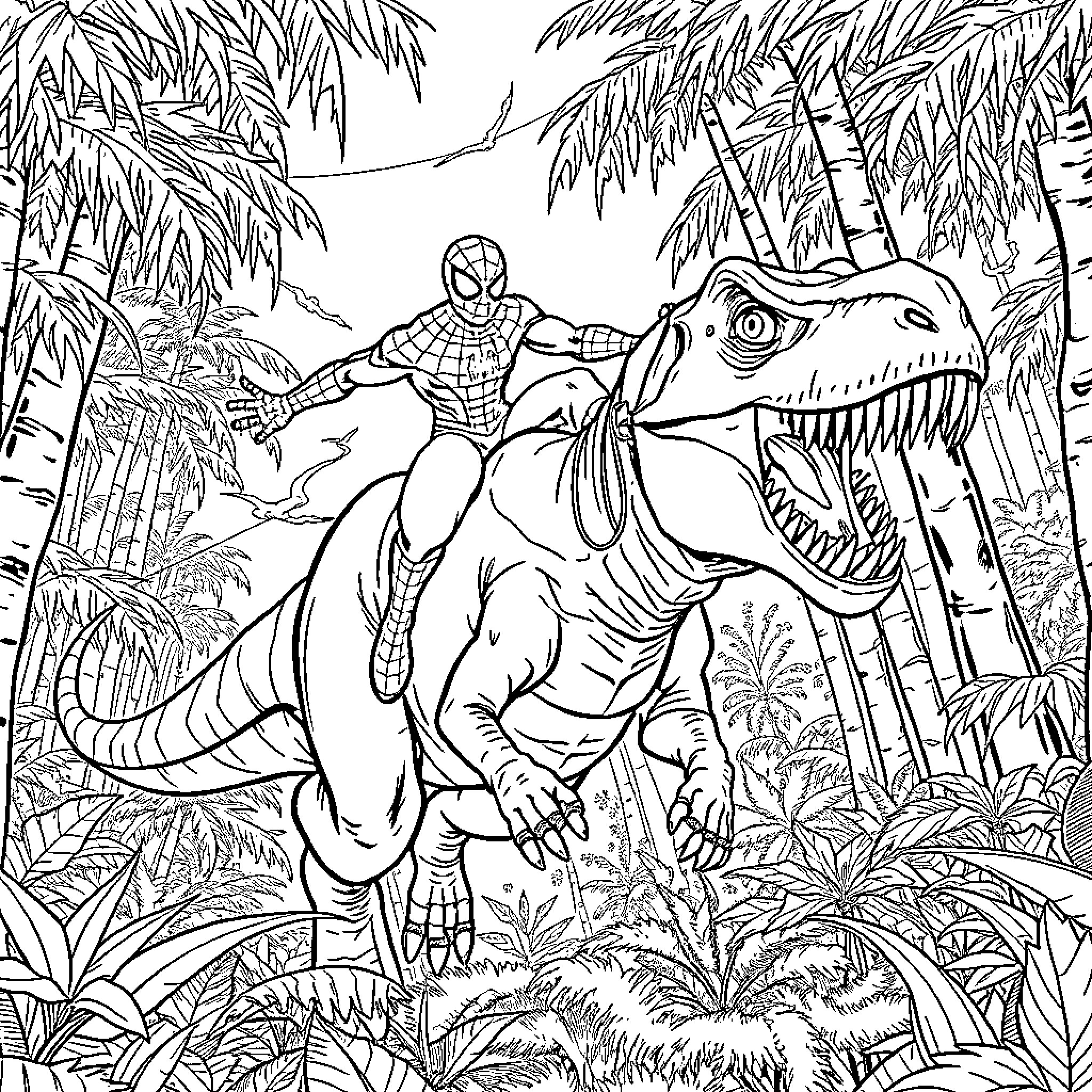 Spiderman Riding a Fierce Dinosaur in the Jungle Coloring Page (free black-and-white line drawing printable PDF for all, from beginners to advanced learners, including children, teens, adults, and seniors)