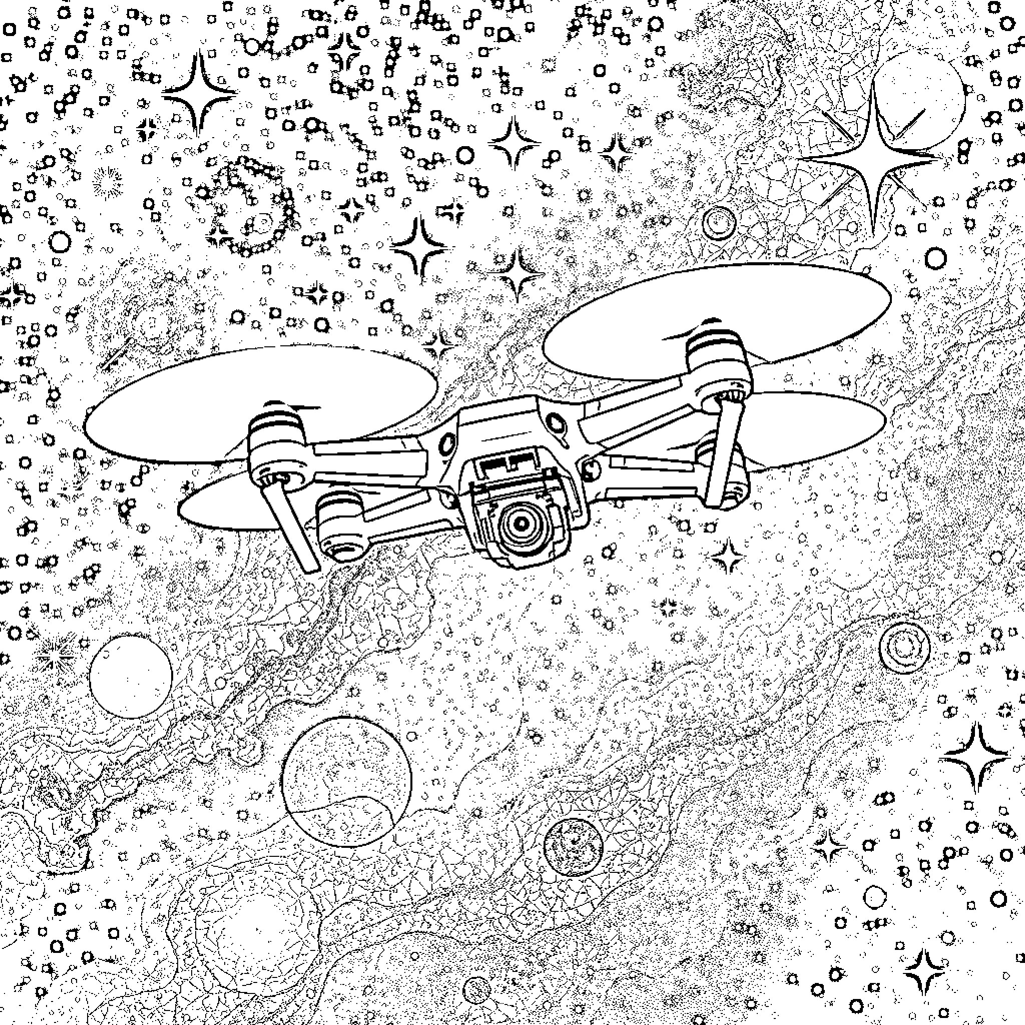FPV Drone Soaring through Starry Skies Coloring Page (free black-and-white line drawing printable PDF for all, from beginners to advanced learners, including children, teens, adults, and seniors)