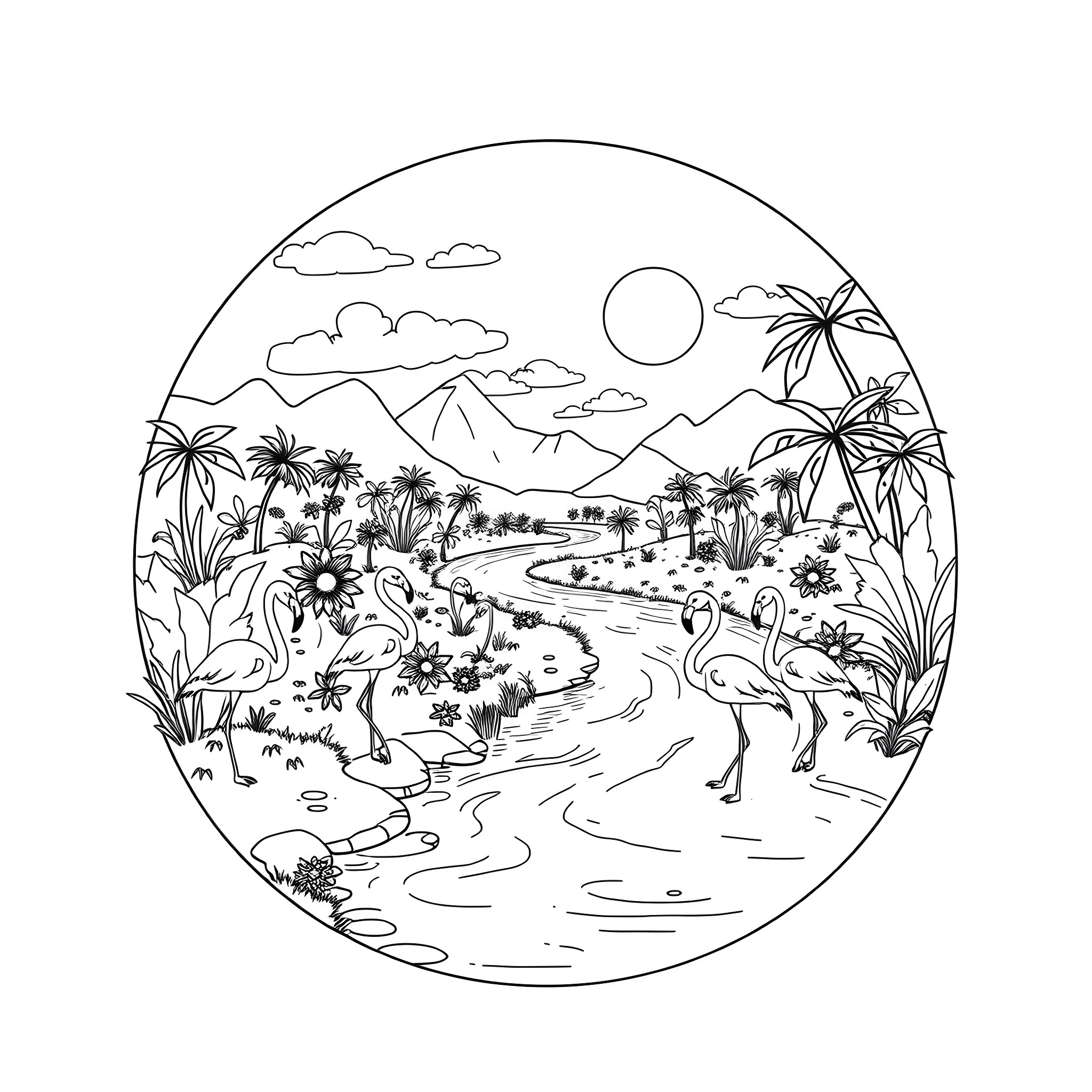 Flamingos in a Tropical Paradise Coloring Page (free black-and-white line drawing printable PDF for all, from beginners to advanced learners, including children, teens, adults, and seniors)