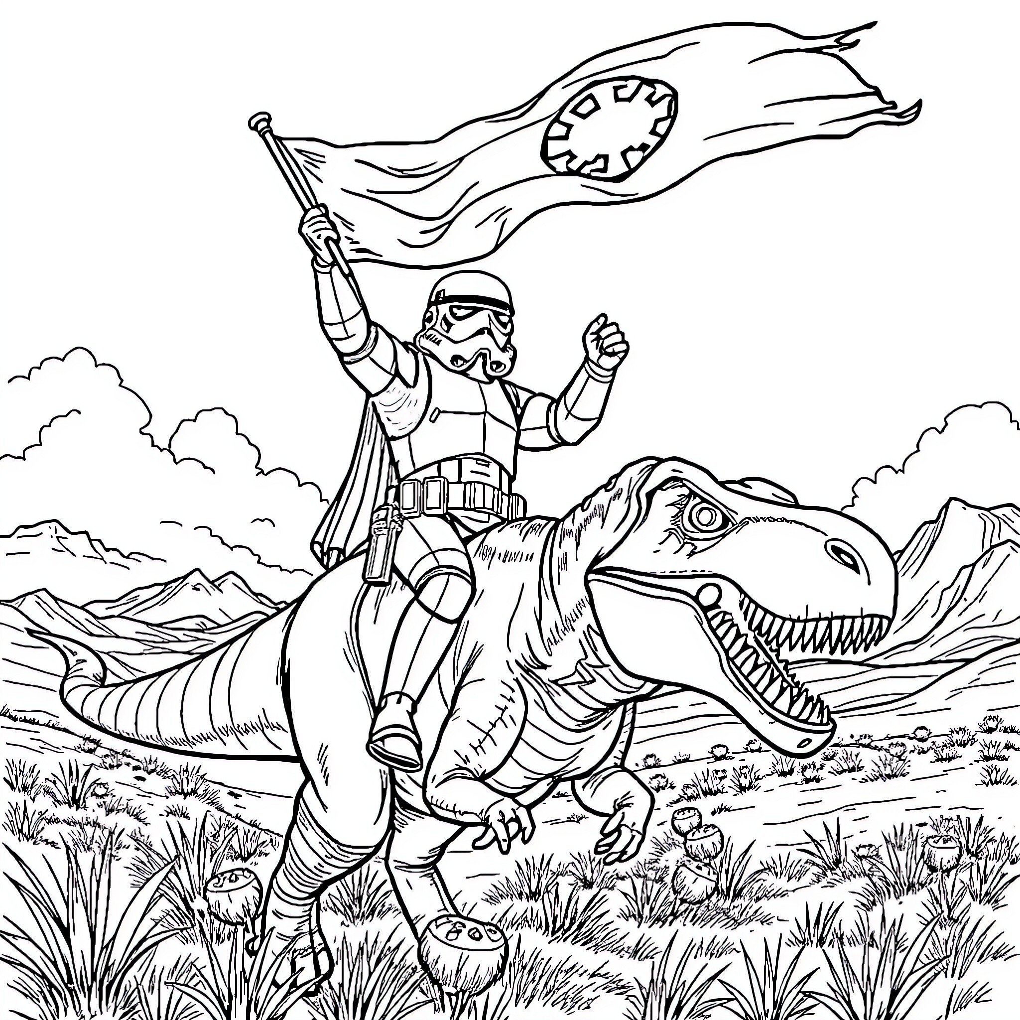 Stormtrooper triumphantly riding a dinosaur on an adventure Coloring Page (free black-and-white line drawing printable PDF for all, from beginners to advanced learners, including children, teens, adults, and seniors)