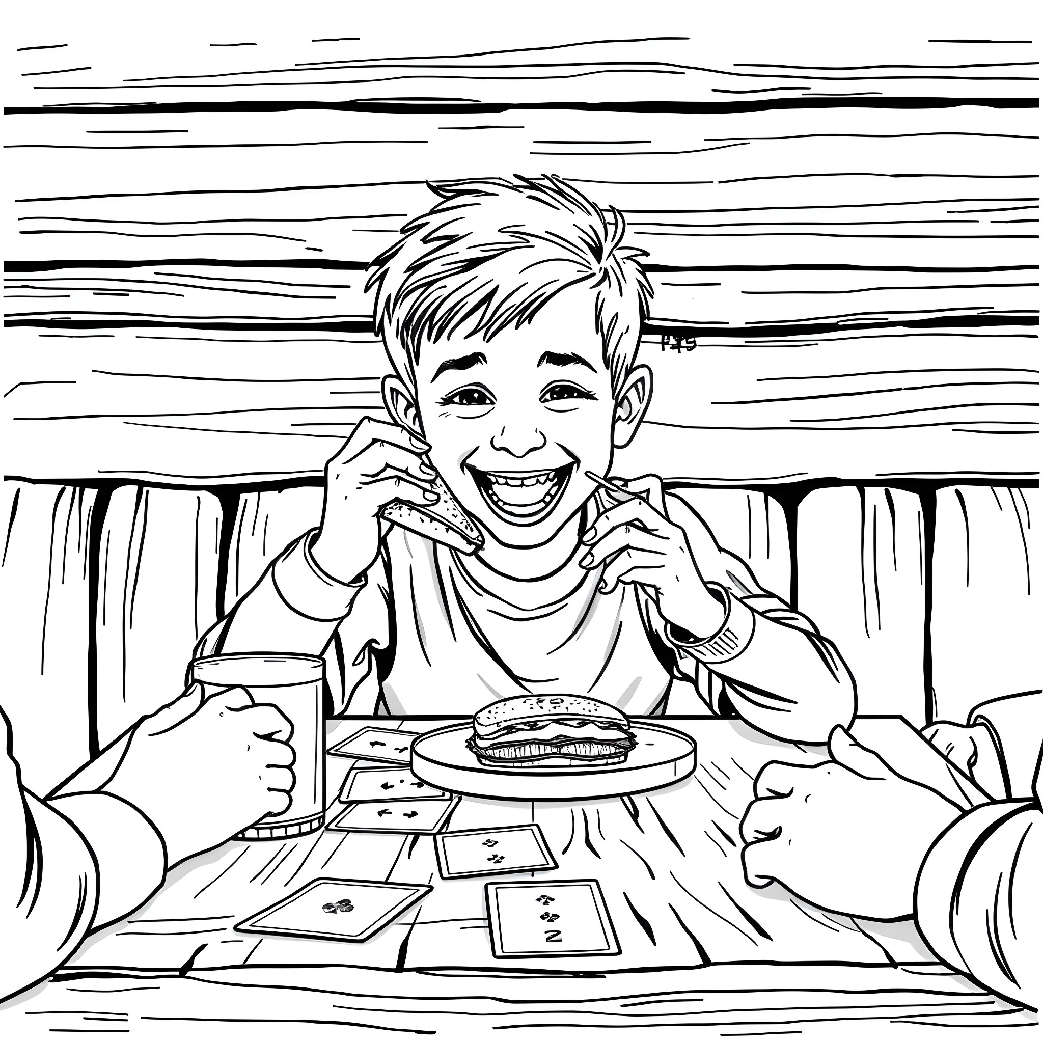 Boy joyfully playing with card games Coloring Page (free black-and-white line drawing printable PDF for all, from beginners to advanced learners, including children, teens, adults, and seniors)
